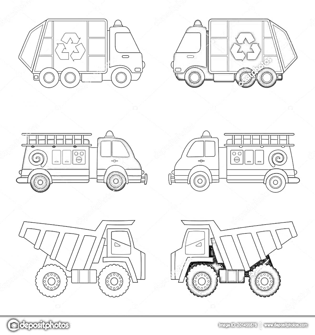 Раскраска Раскраска с мусоровозом, пожарной машиной и самосвалом для детей 3-4 лет