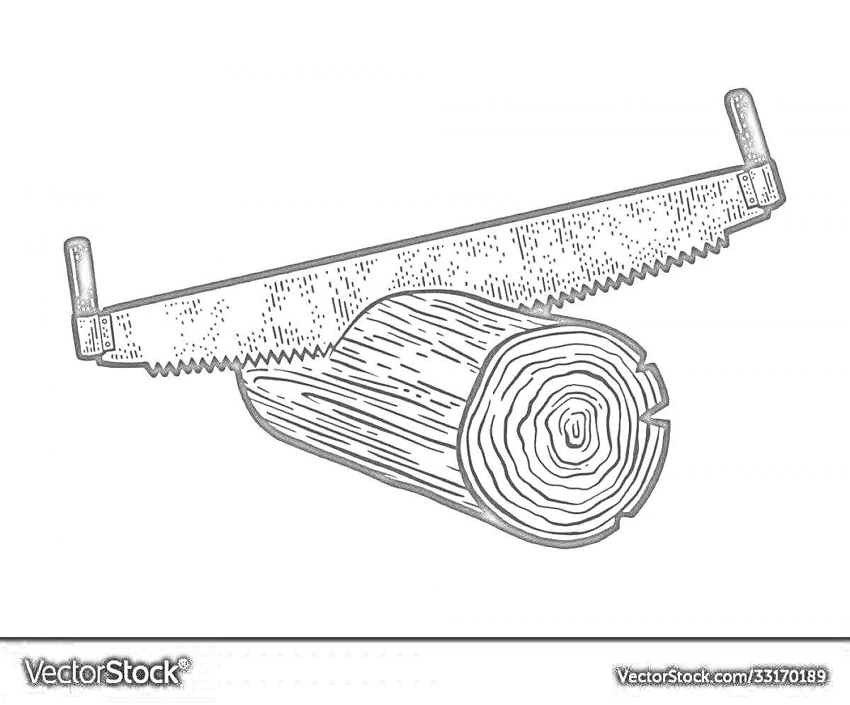 Раскраска Бревно на распиловке с ножовкой