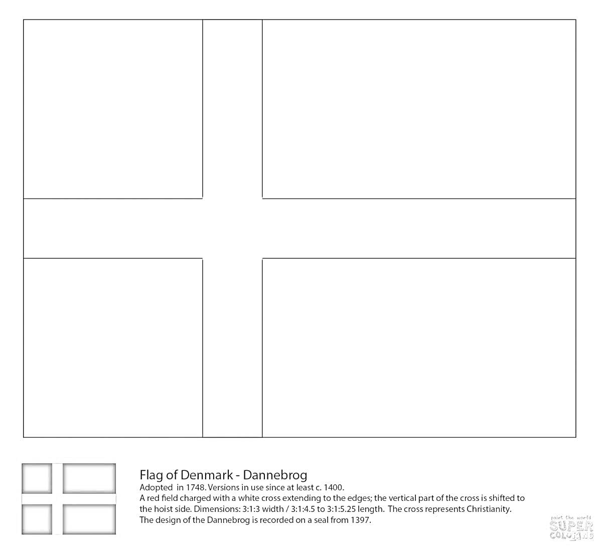 Раскраска Флаг Дании с белым крестом, информация о флаге внизу