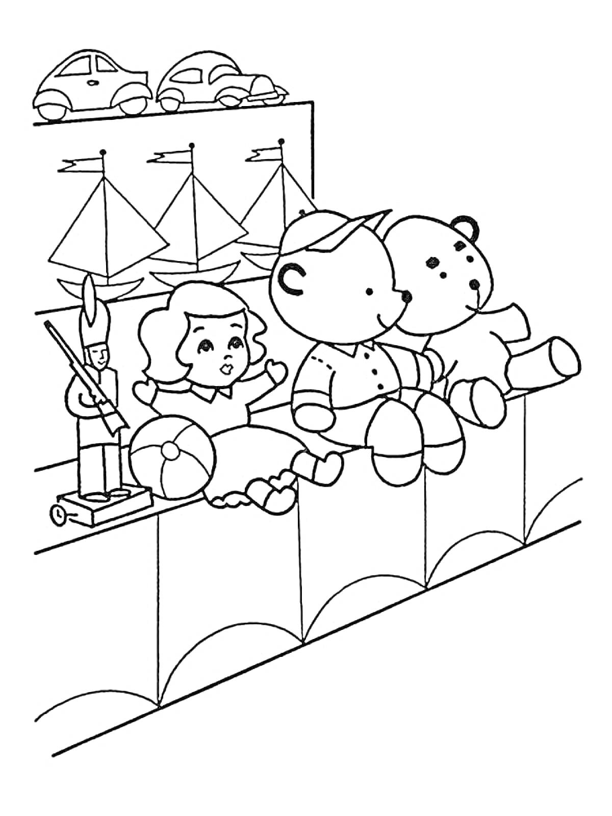 Раскраска Машинки, парусники, солдатик, кукла и два мишки в магазине игрушек