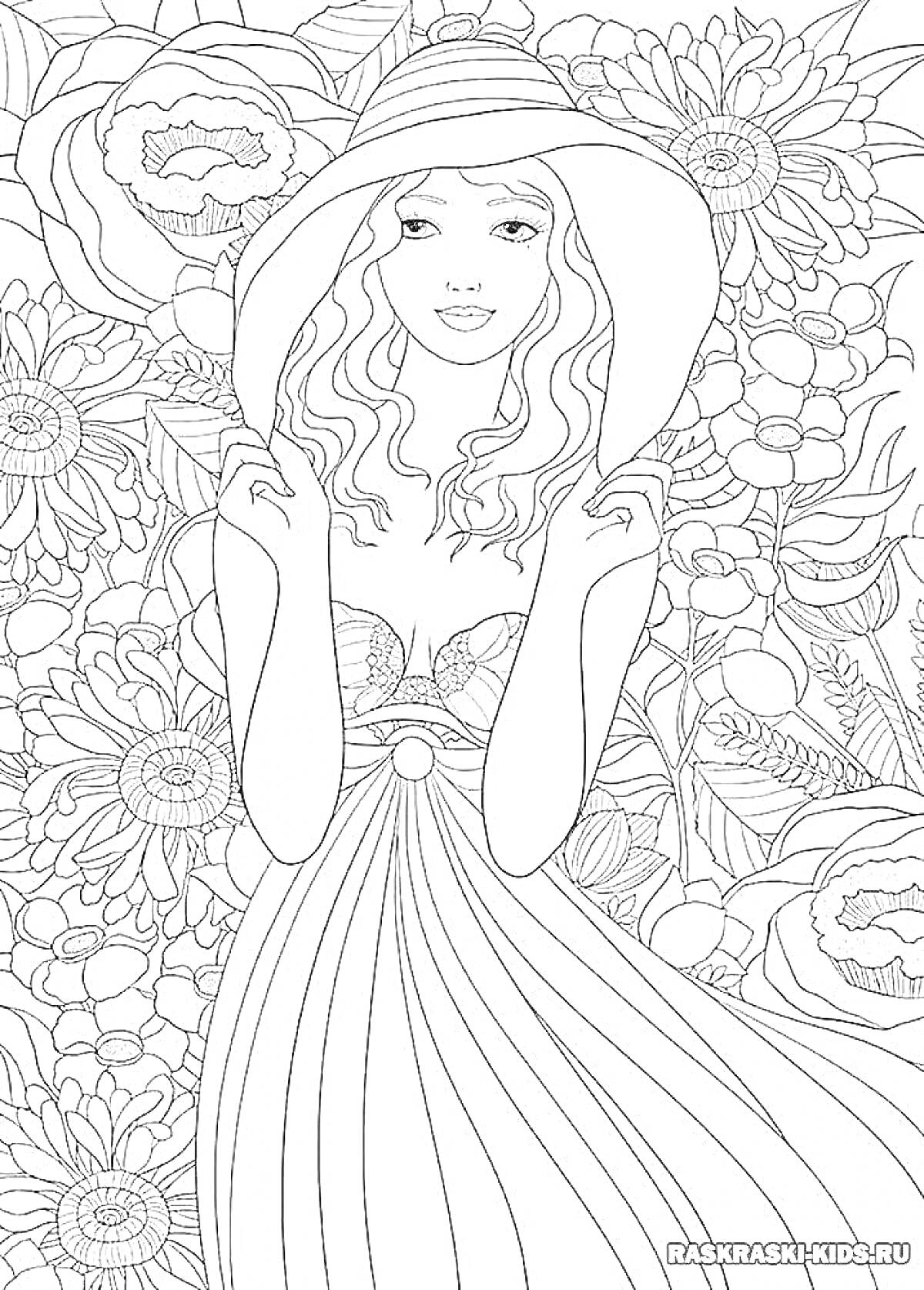 Раскраска Девушка в шляпе на фоне цветов
