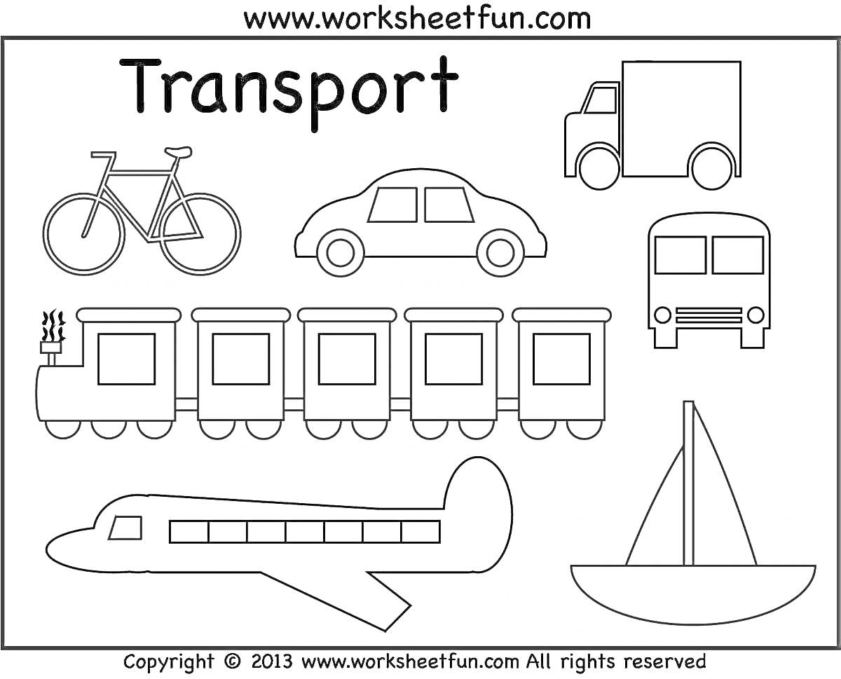 На раскраске изображено: Транспорт, Велосипед, Автобус, Поезд, Лодка, Вагоны, Авто, Грузовая машина, Легковая машина, Самолеты
