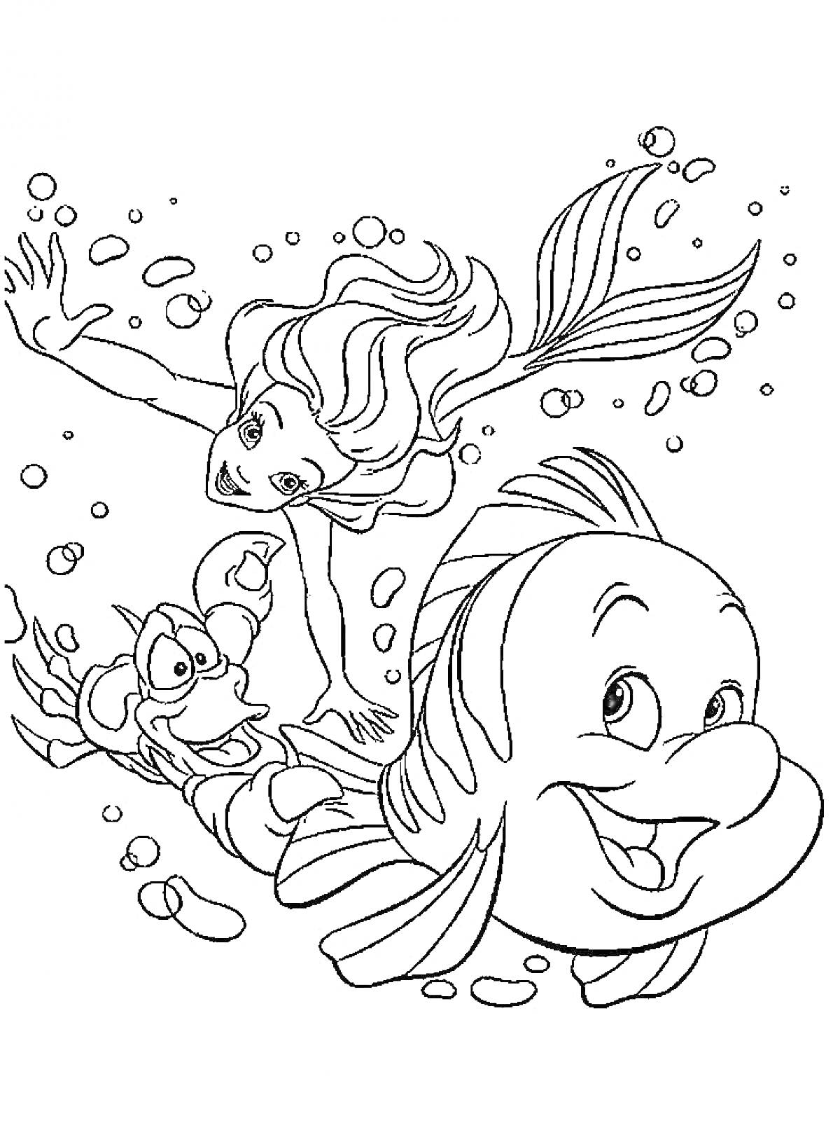 На раскраске изображено: Ариэль, Под водой, Пузыри, Друзья, Море, Плавание, Рыба, Из мультфильмов, Русалка