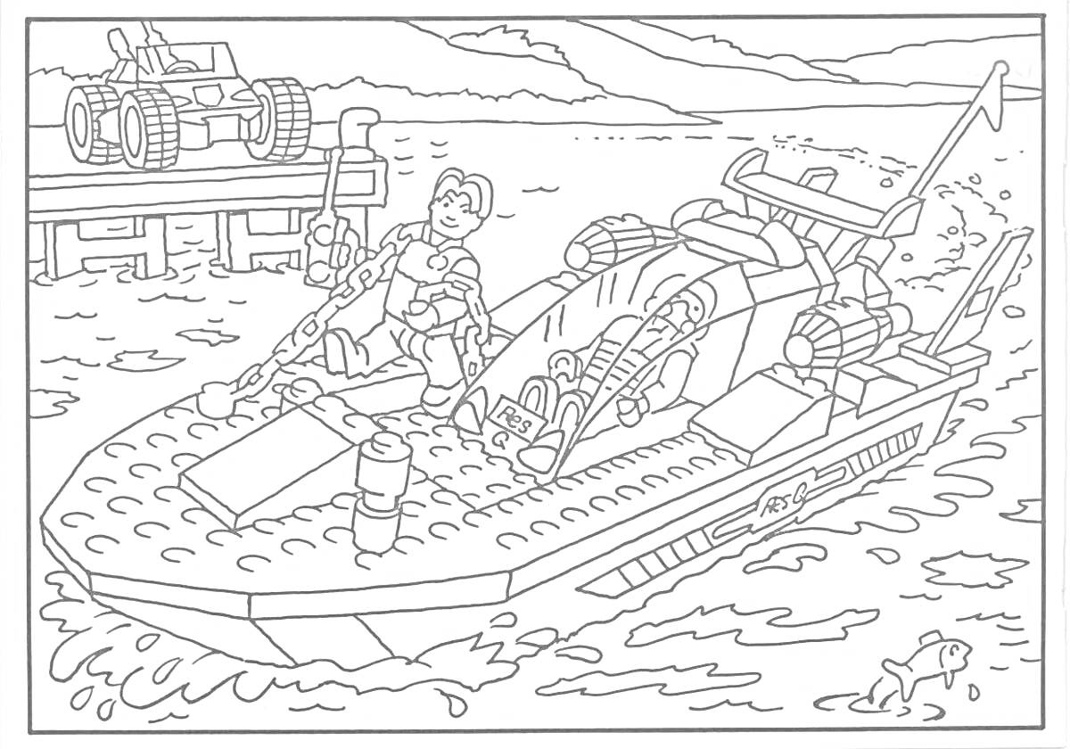Раскраска Полицейский корабль с полицейским на борту, внедорожник на причале, водоем с плавающей рыбкой, вид на горы