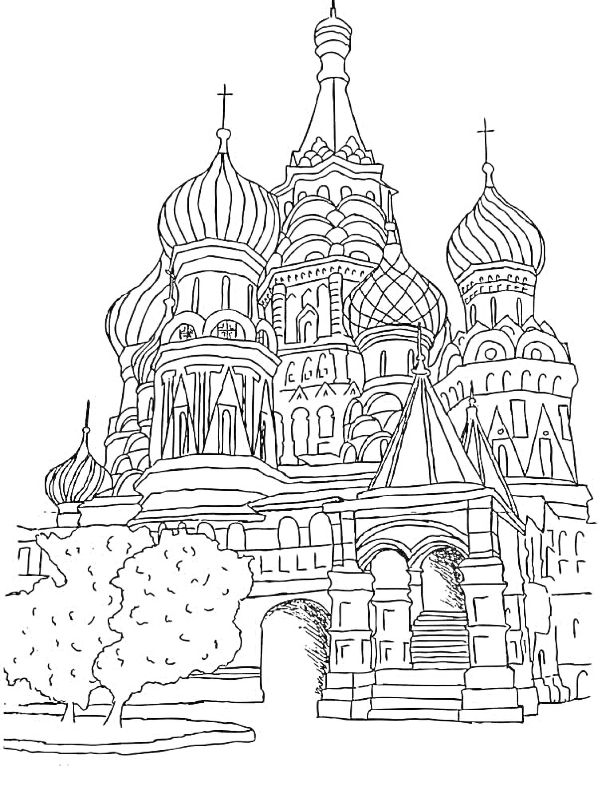 На раскраске изображено: Москва, Собор, Архитектура, Купола, Деревья, Православие, Россия