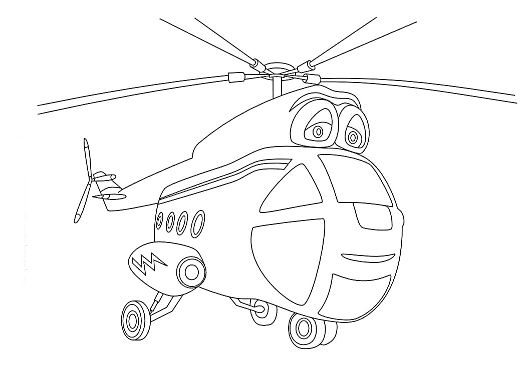 Раскраска Вертолет с глазами, пропеллером, колесами и окнами