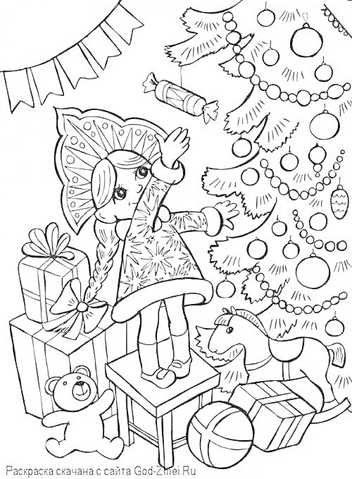 На раскраске изображено: Новогодняя елка, Девочка, Подарки, Игрушки, Зима