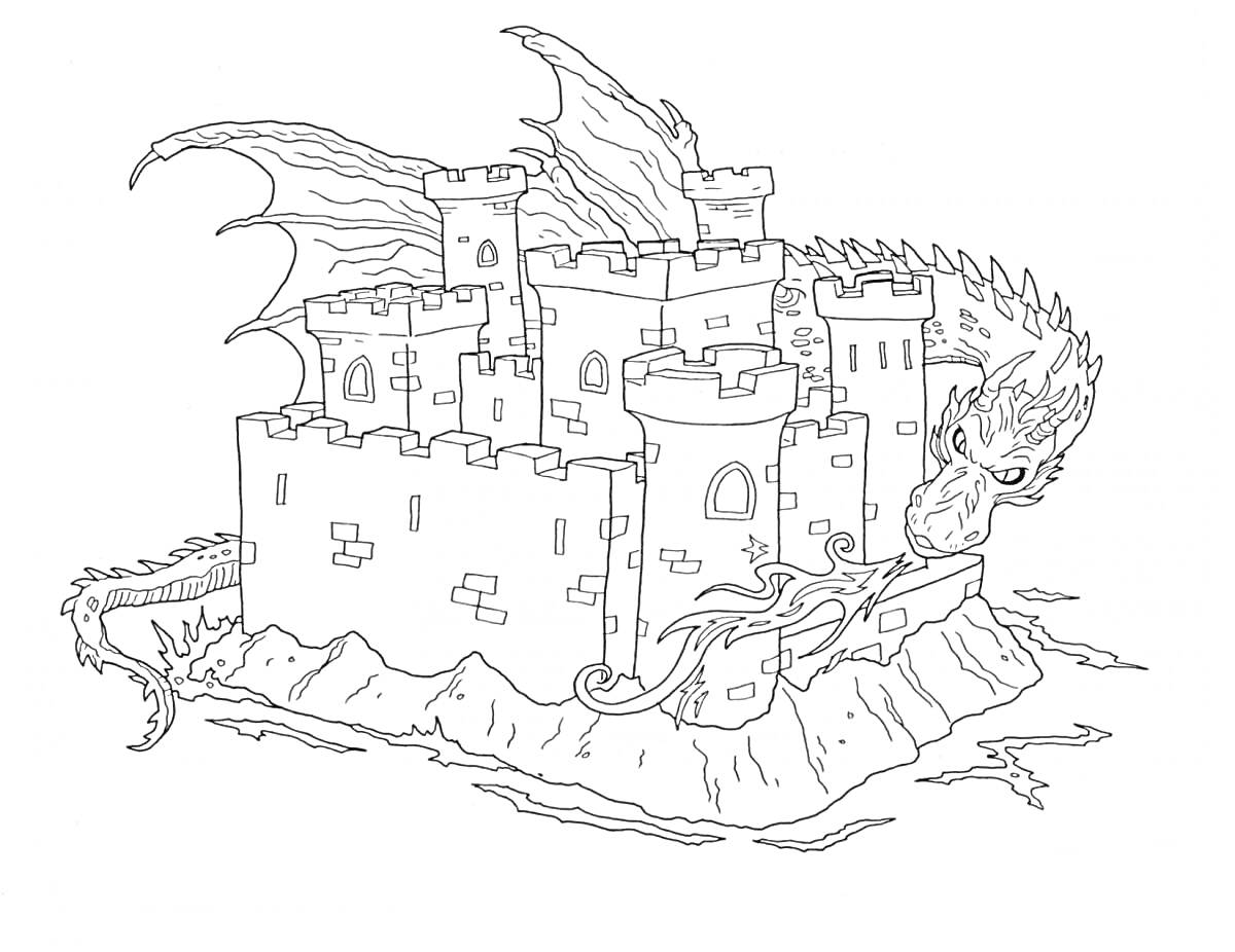 На раскраске изображено: Замок, Дракон, Остров, Башни, Фантазия, Мифология, Природа, Вода, Стена, Средневековье