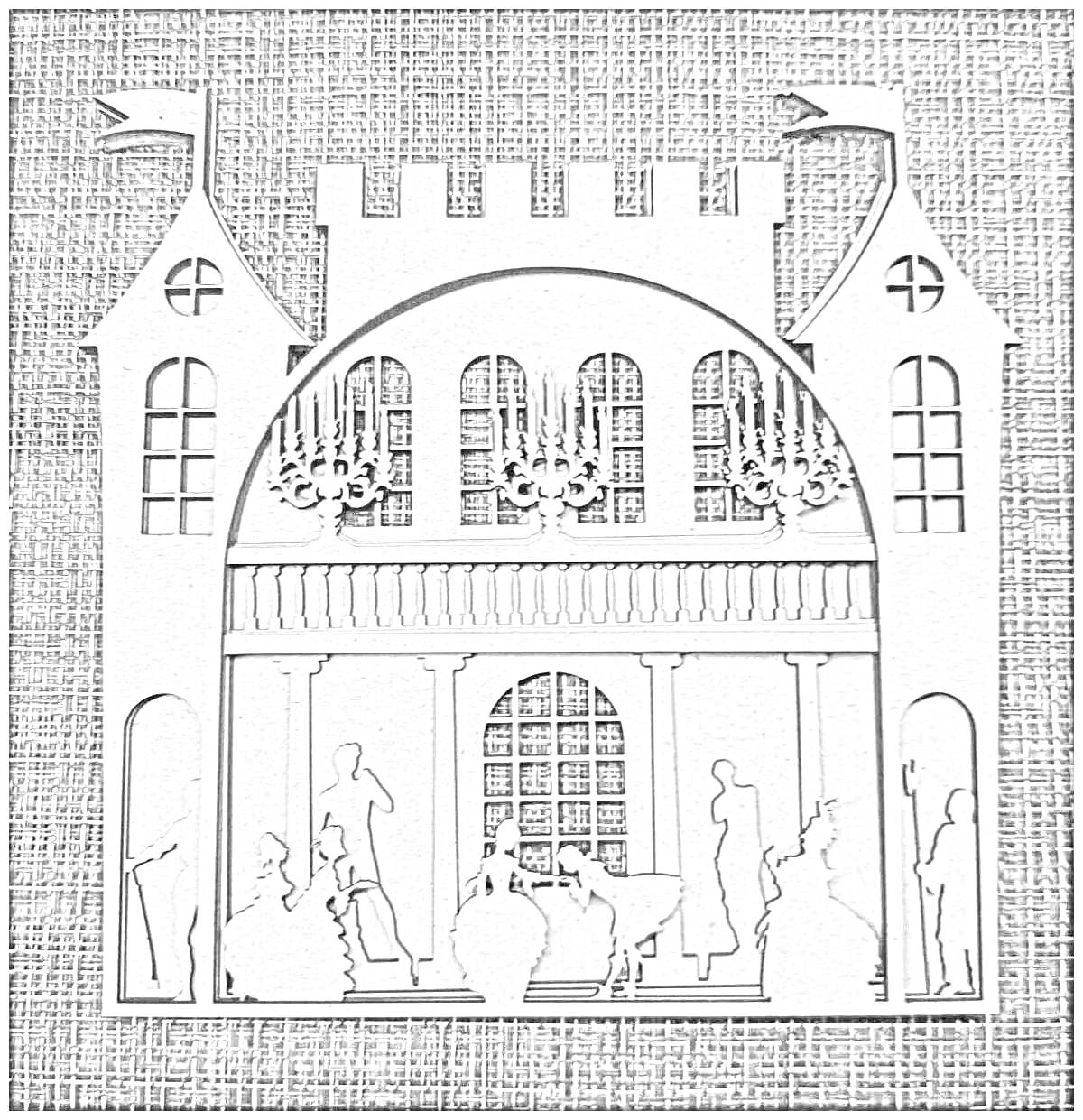 Раскраска Замок с людьми, танцующими бальный танец, с каминами и люстрами
