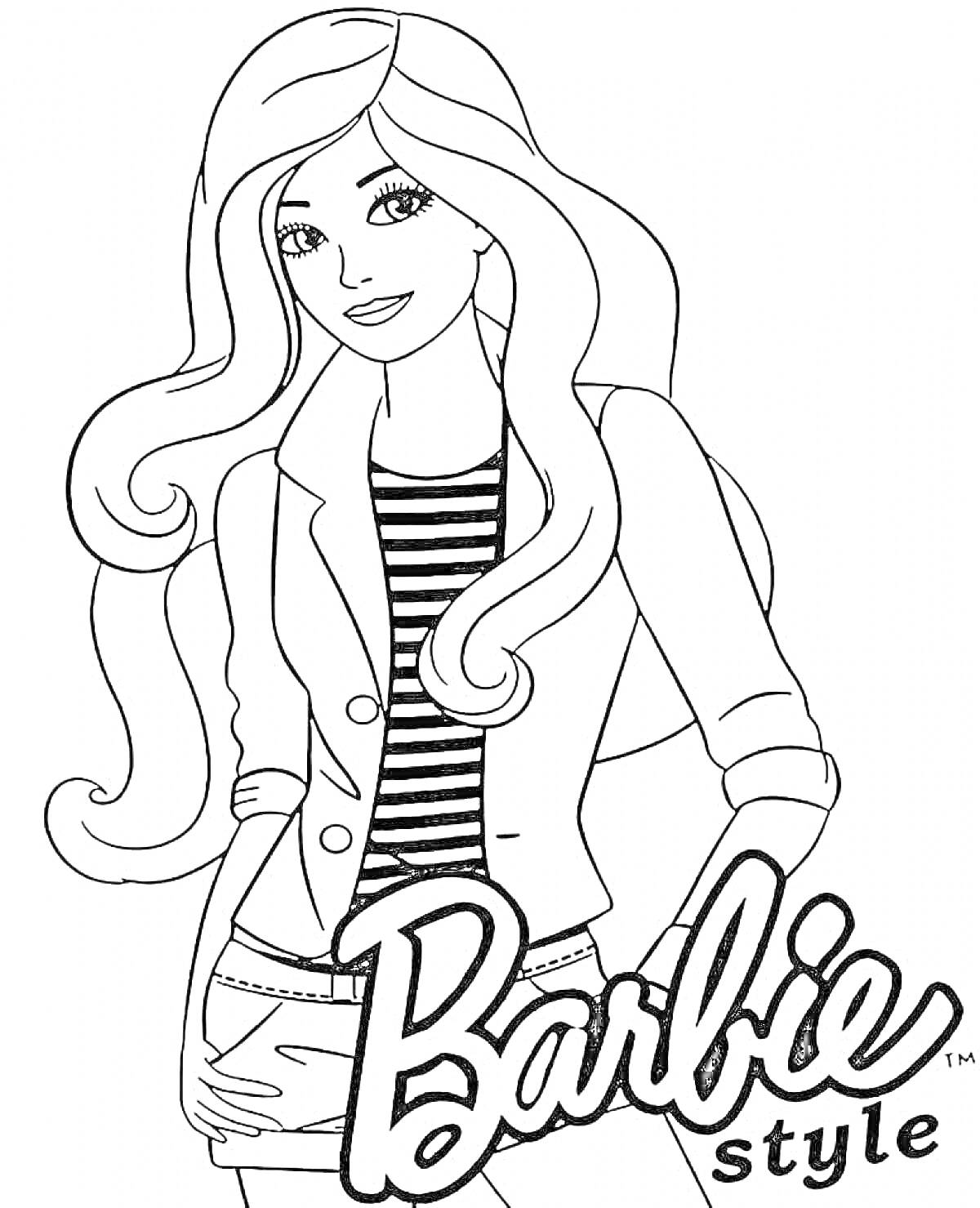 На раскраске изображено: Барби, Девочка, Длинные волосы, Полосатая футболка, Жакет, Мода