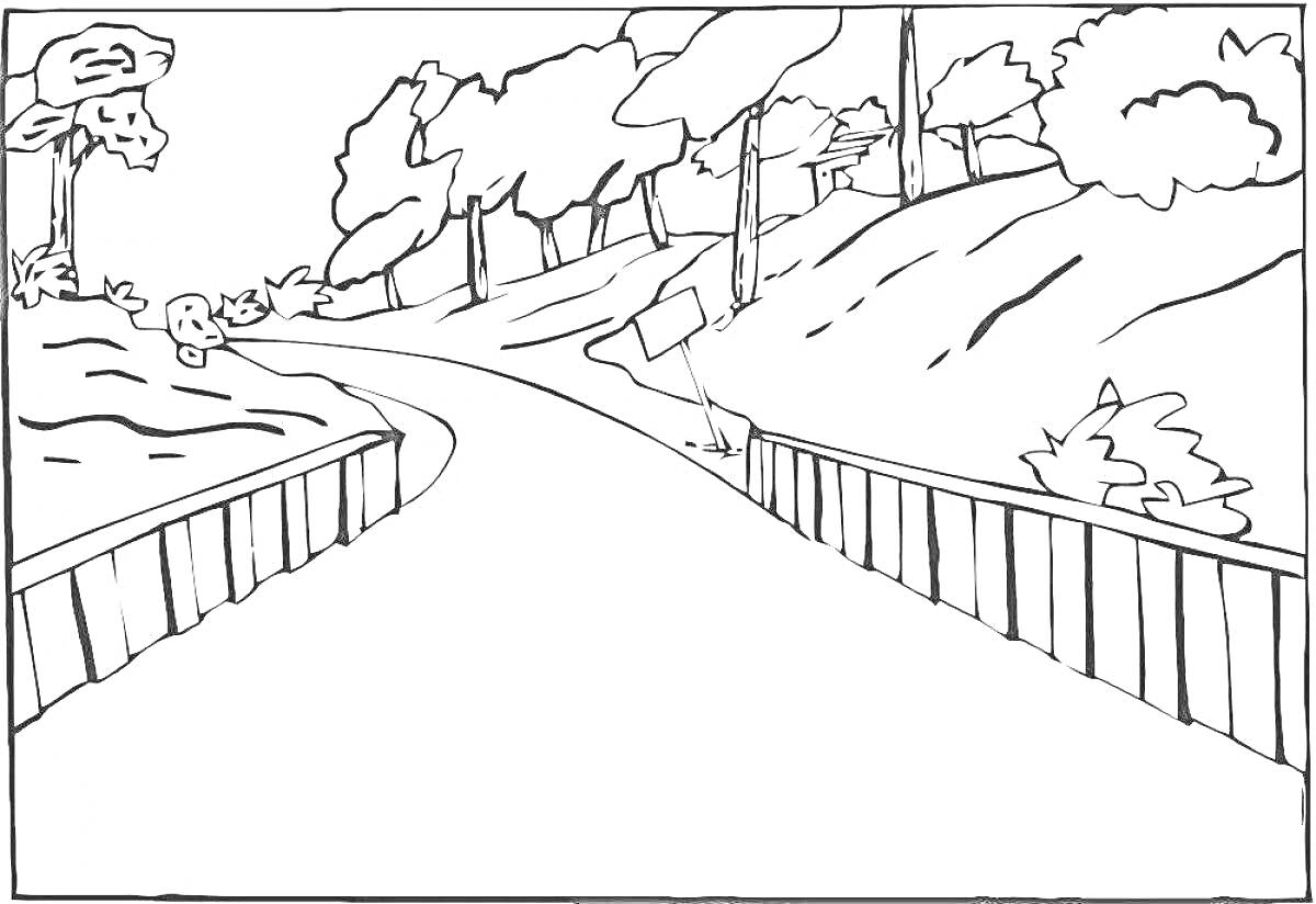 Раскраска Лесная дорожка с ограждением, деревьями, кустарниками и холмами