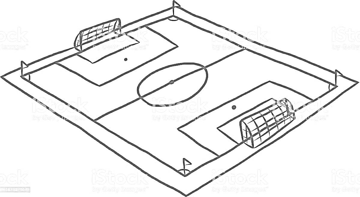 Раскраска Футбольное поле с воротами, штрафными площадками, центральным кругом и угловыми флажками