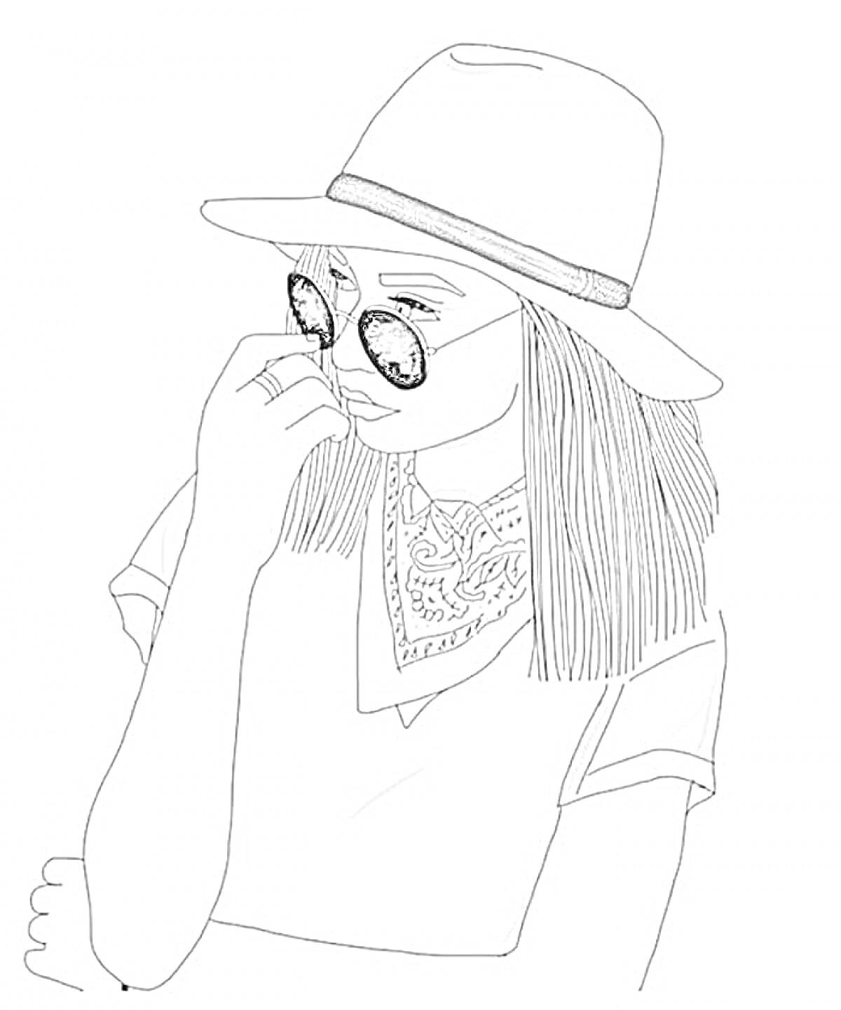 Раскраска Девочка в шляпе, солнцезащитных очках и косынке на шее