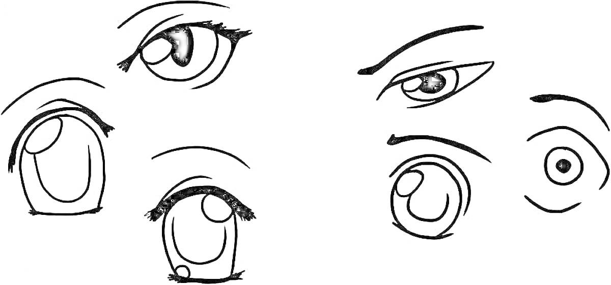 На раскраске изображено: Аниме глаза, Большие глаза, Ресницы, Зрачки, Блестки, Брови