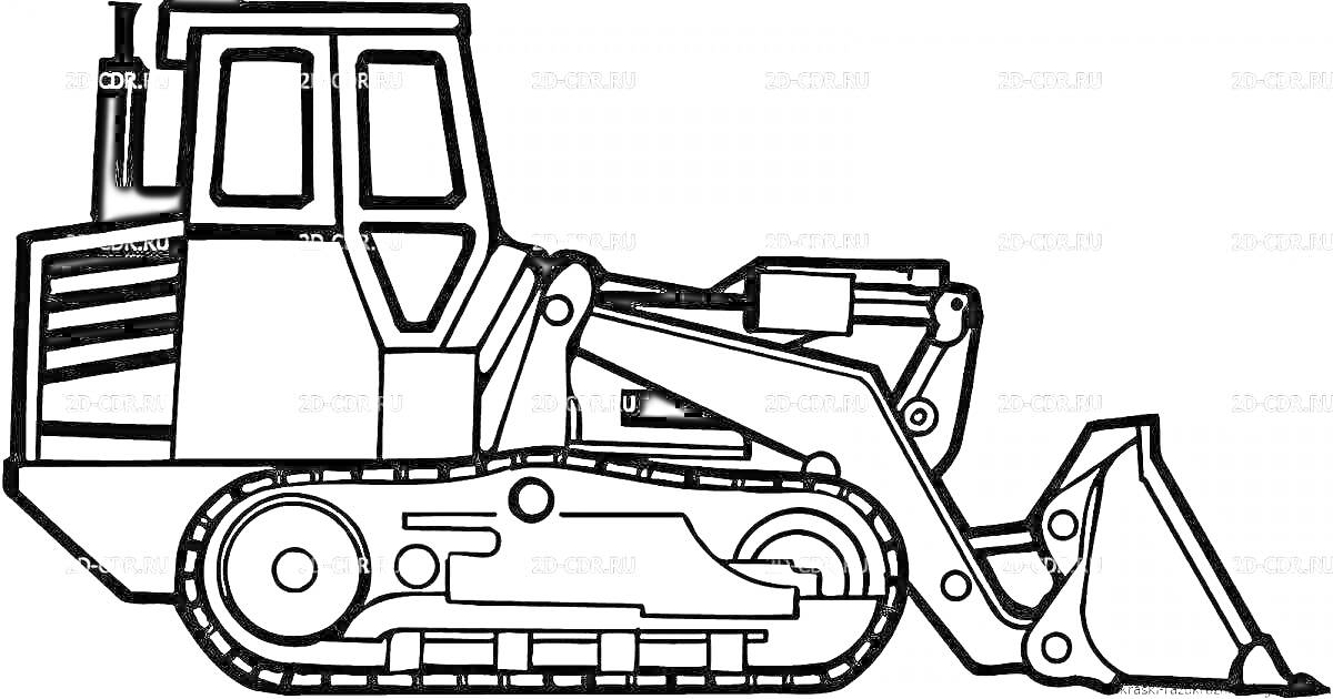 На раскраске изображено: Экскаватор, Гусеницы, Ковш, Строительная техника, Трактор
