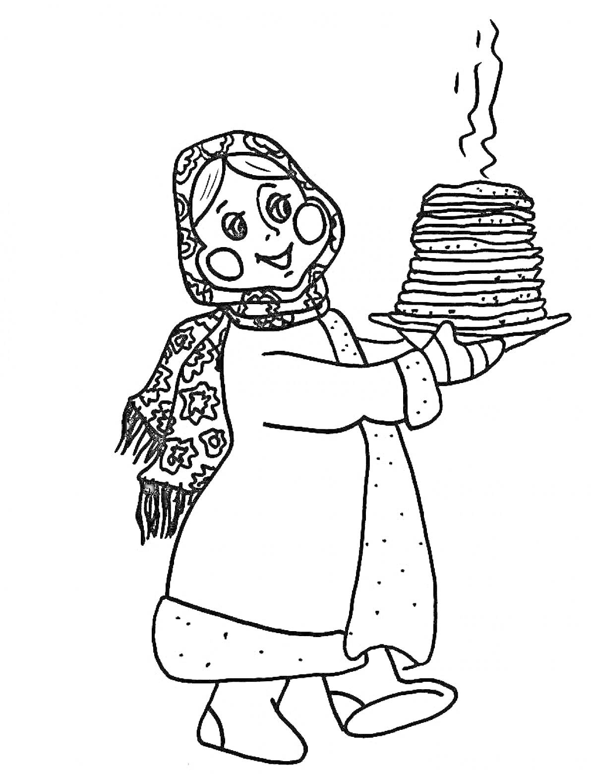 Раскраска Девочка в платке держит тарелку с блинами