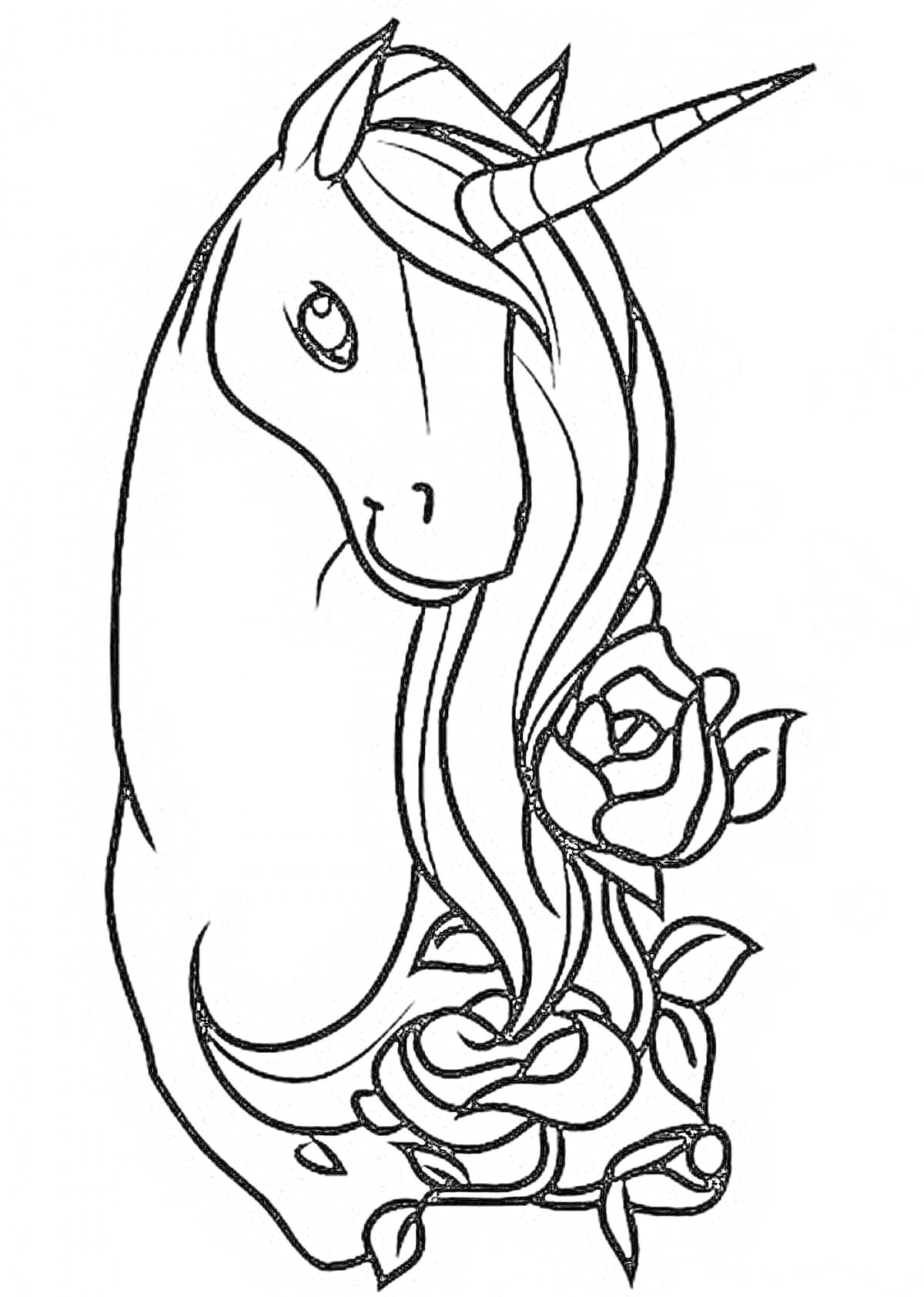 Раскраска Единорог с длинной гривой и розами