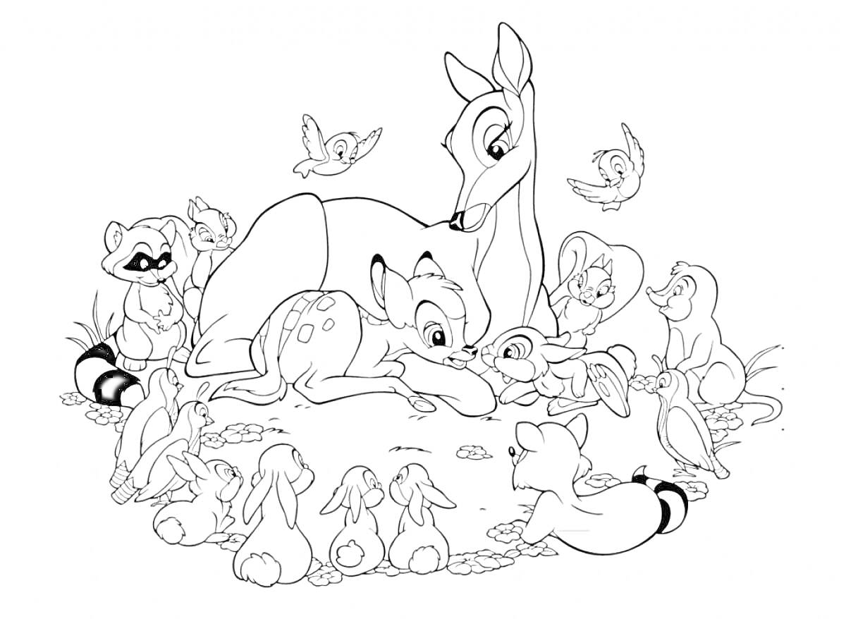 Раскраска Бэмби с мамой и лесными друзьями (олениха, олененок, енот, кролики, птицы, белка, барсук, черепаха, мышь, выдра, сова)
