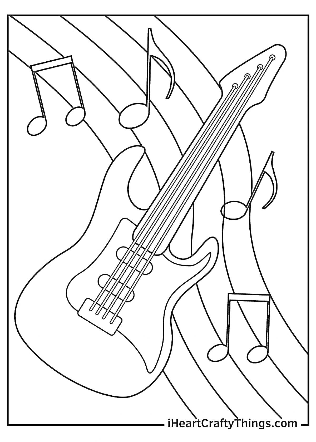 На раскраске изображено: Электрогитара, Ноты, Музыкальные ноты, Музыка, Волны, Инструмент