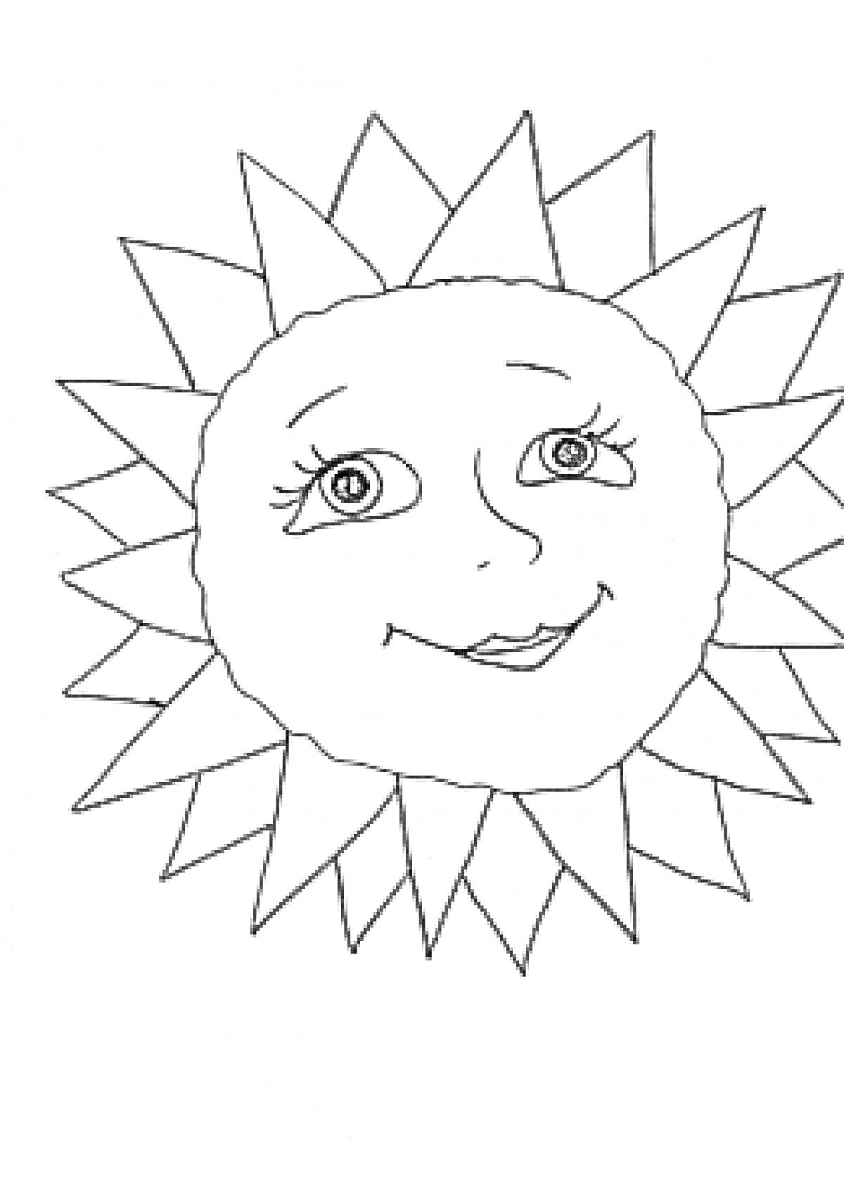 На раскраске изображено: Лицо, Лучи, Улыбка, Глаза, Контурное изображение, Для детей, Солнце