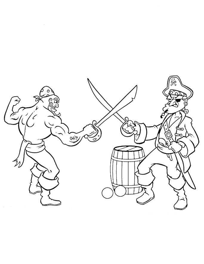 Раскраска Пираты в бою с мечами, бочкой и пушечными ядрами