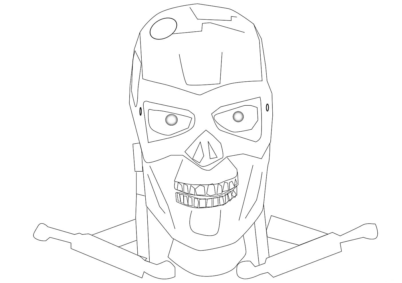 Раскраска Голова Терминатора с красными глазами, с элементами черепа и металлических деталей