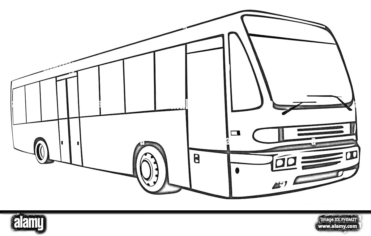 На раскраске изображено: Автобус, Мерседес, Транспорт, Окна, Колёса, Фары, Линии