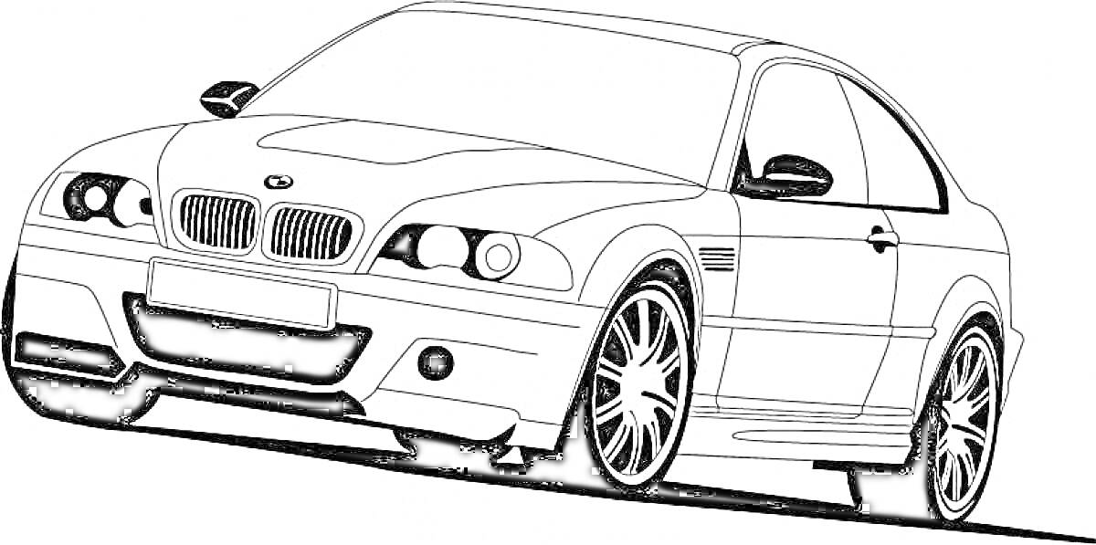 Раскраска БМВ купе с передними фарами, колесами и решеткой радиатора