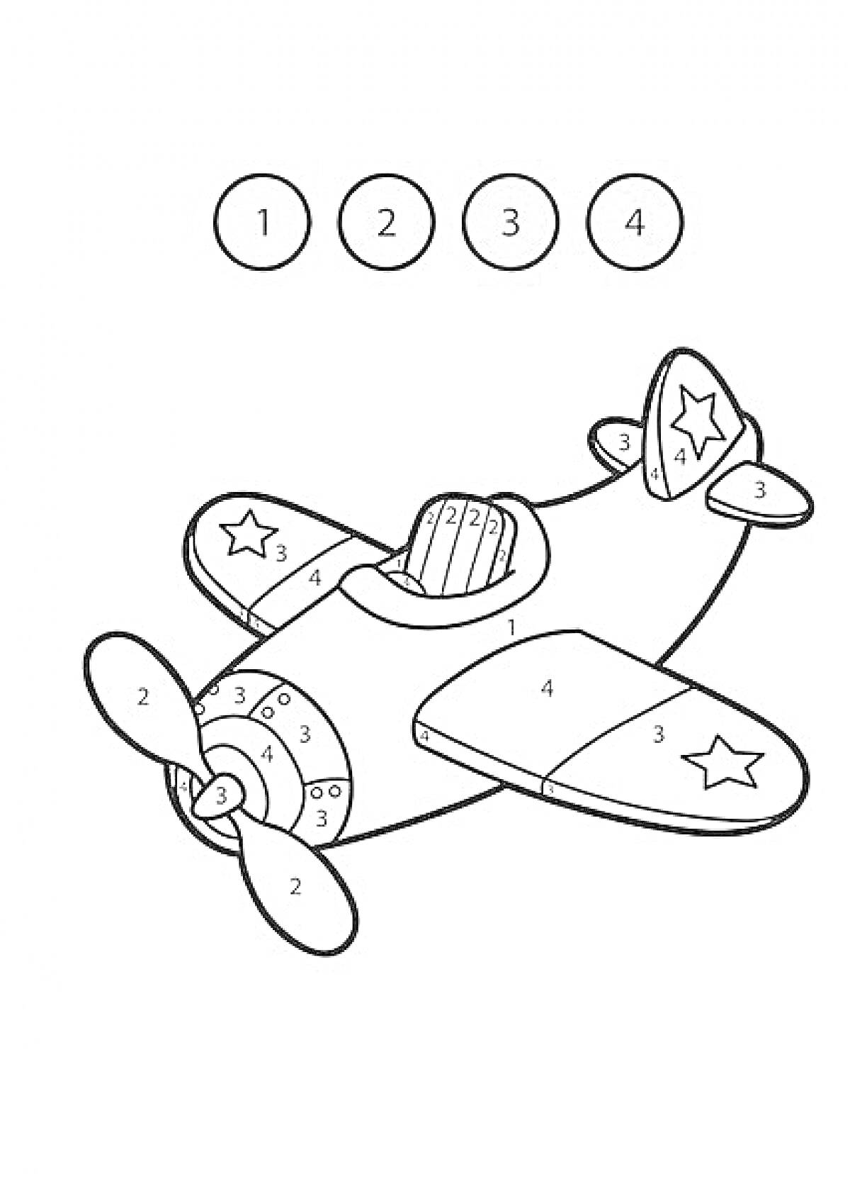 раскраска с изображением самолета с числовыми обозначениями и листом с цветовой схемой (1 - желтый, 2 - серый, 3 - голубой, 4 - оранжевый)