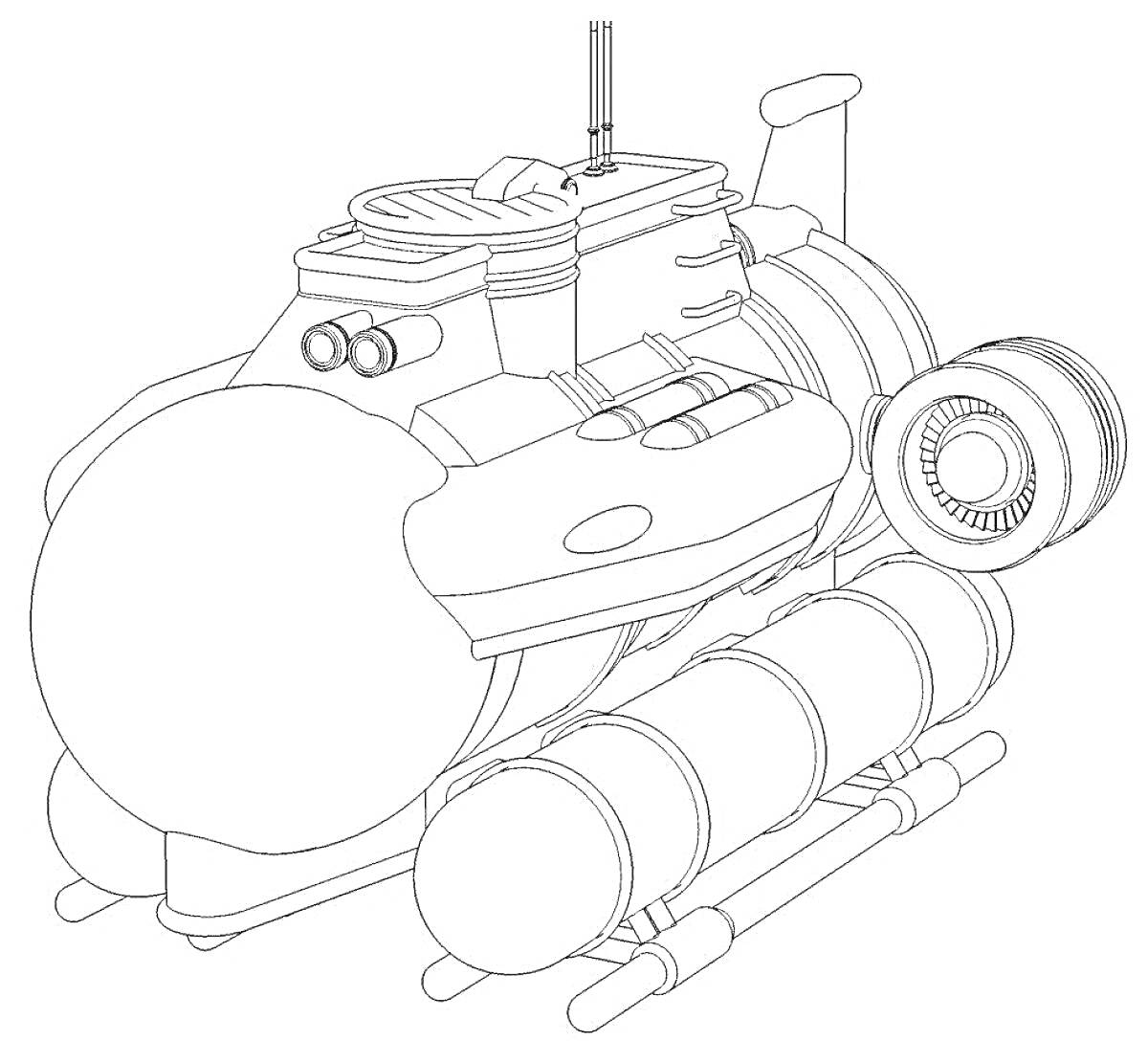 Батискаф с передним обзорным иллюминатором и боковыми камерами, большой двигатель сзади, контейнеры для снаряжения снизу