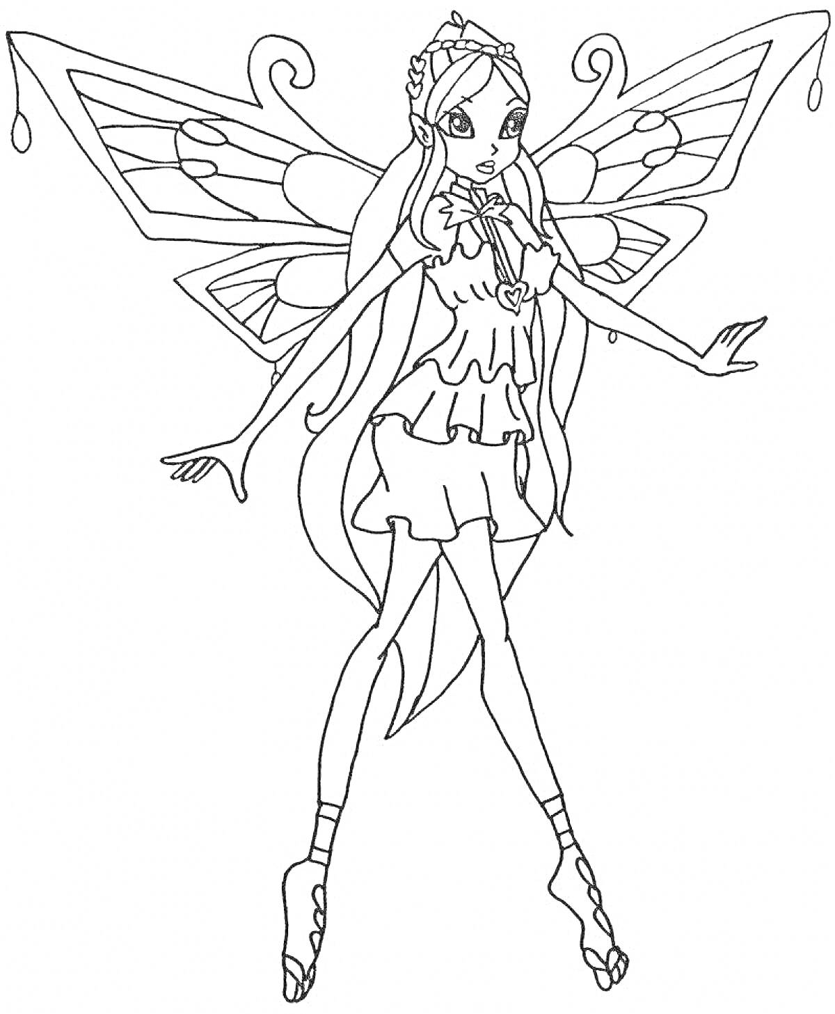 Раскраска Фея с длинными волосами и большими крыльями, в коротком платье и с короной