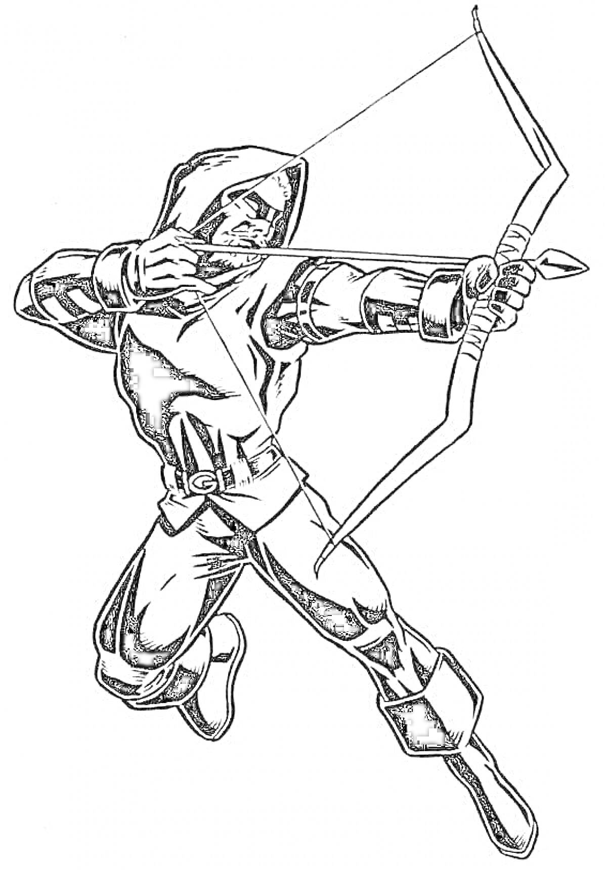 Раскраска Воин с луком и стрелой в капюшоне