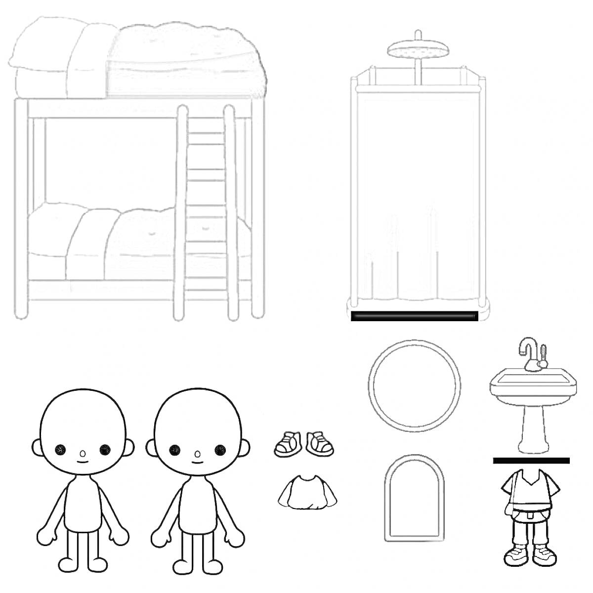 Двухъярусная кровать, душ, раковина, зеркало круглое, зеркало прямоугольное, два персонажа без волос, обувь, белая рубашка с ремешком, белая рубашка