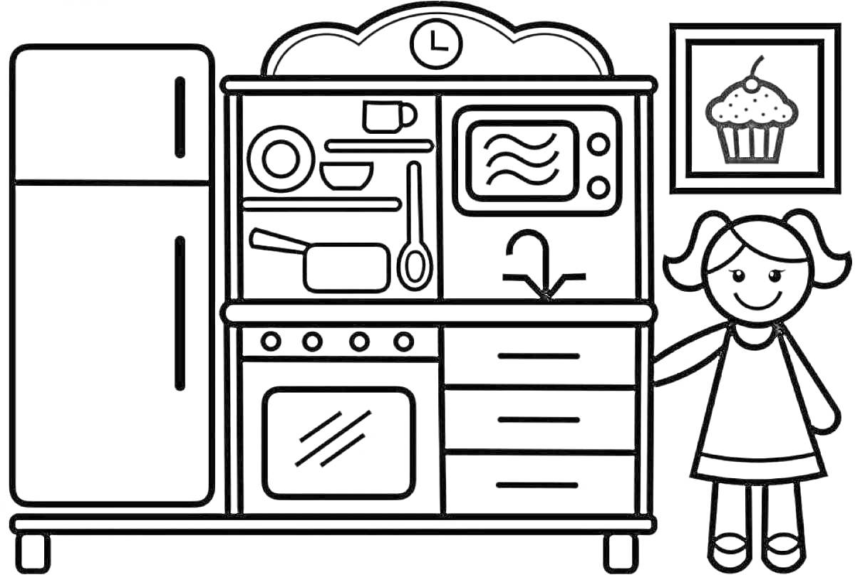 На раскраске изображено: Кухня, Холодильник, Посуда, Микроволновая печь, Духовка, Раковина, Девочка, Шкаф