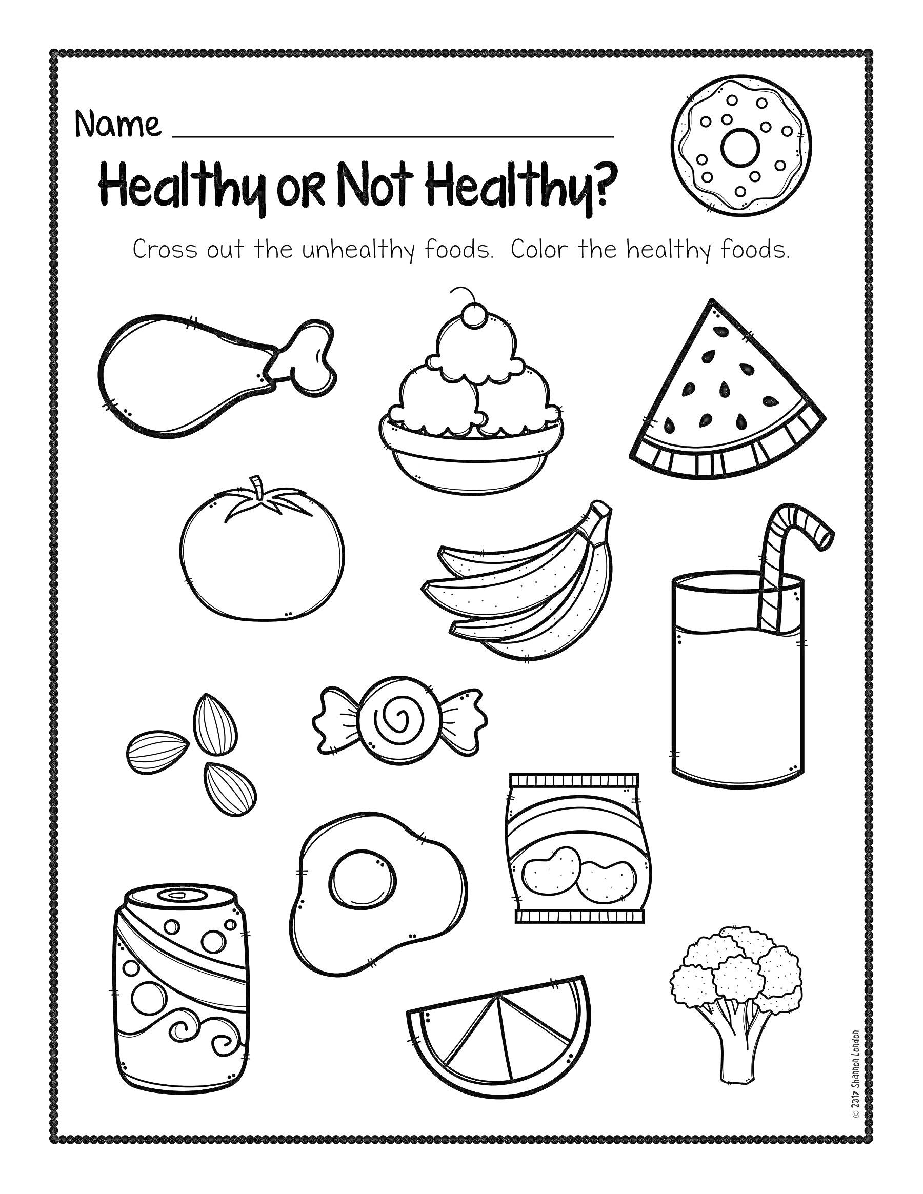 Раскраска Healthy or Not Healthy: chicken drumstick, cupcake, pizza slice, tomato, bananas, watermelon slice, candy, juice box, soda can, donut, chips, lemon slice, broccoli