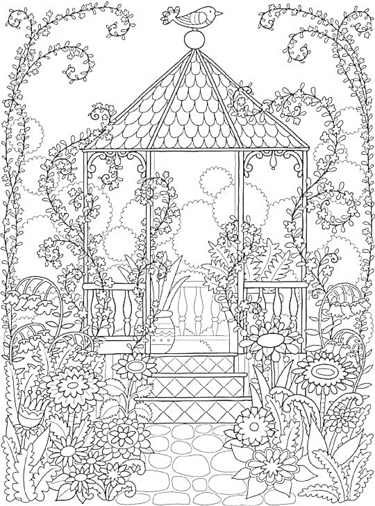 Раскраска Беседка в волшебном саду с птицей, цветами, кустарниками и каменной дорожкой