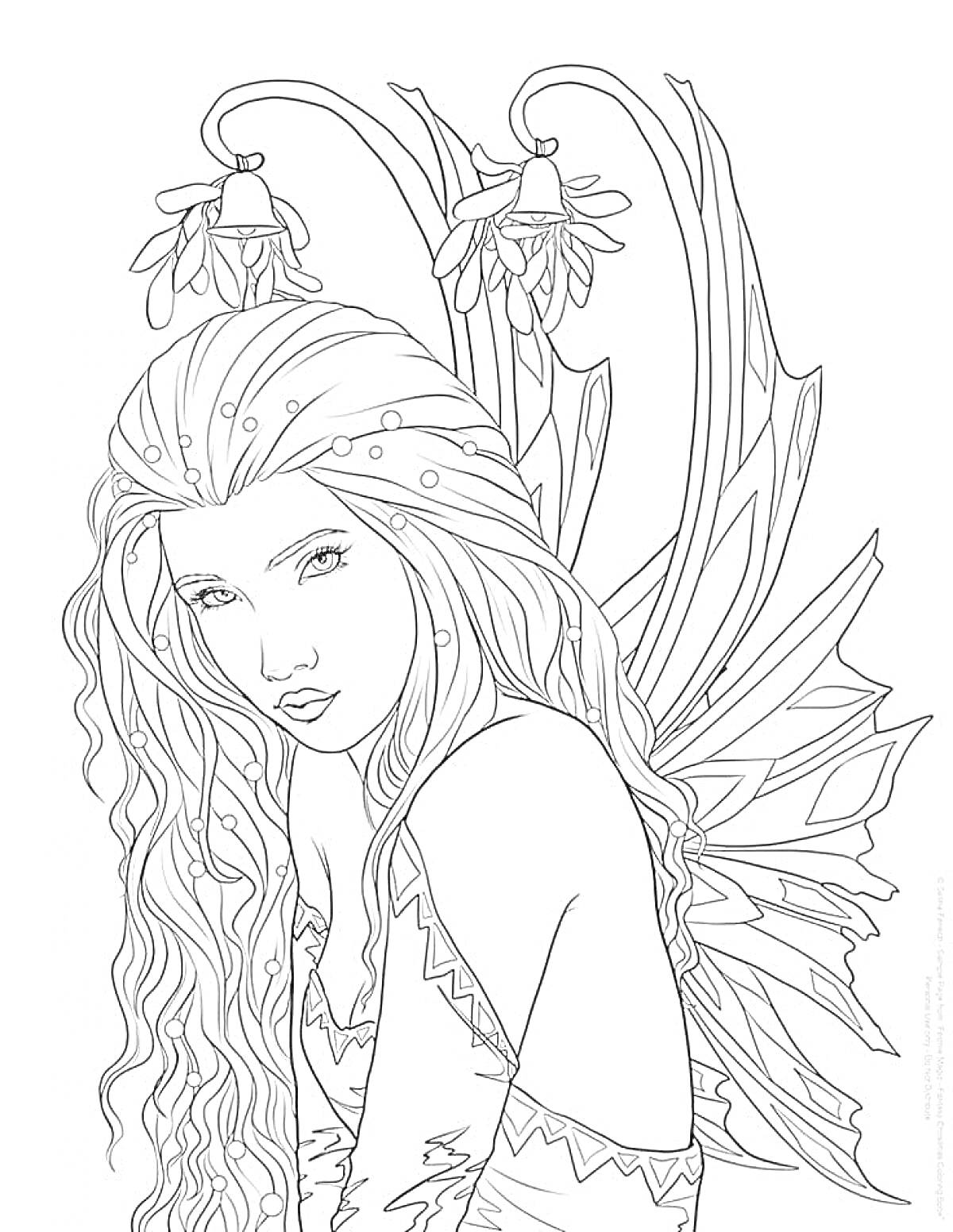 Раскраска Фея с длинными волосами и цветами на крыльях