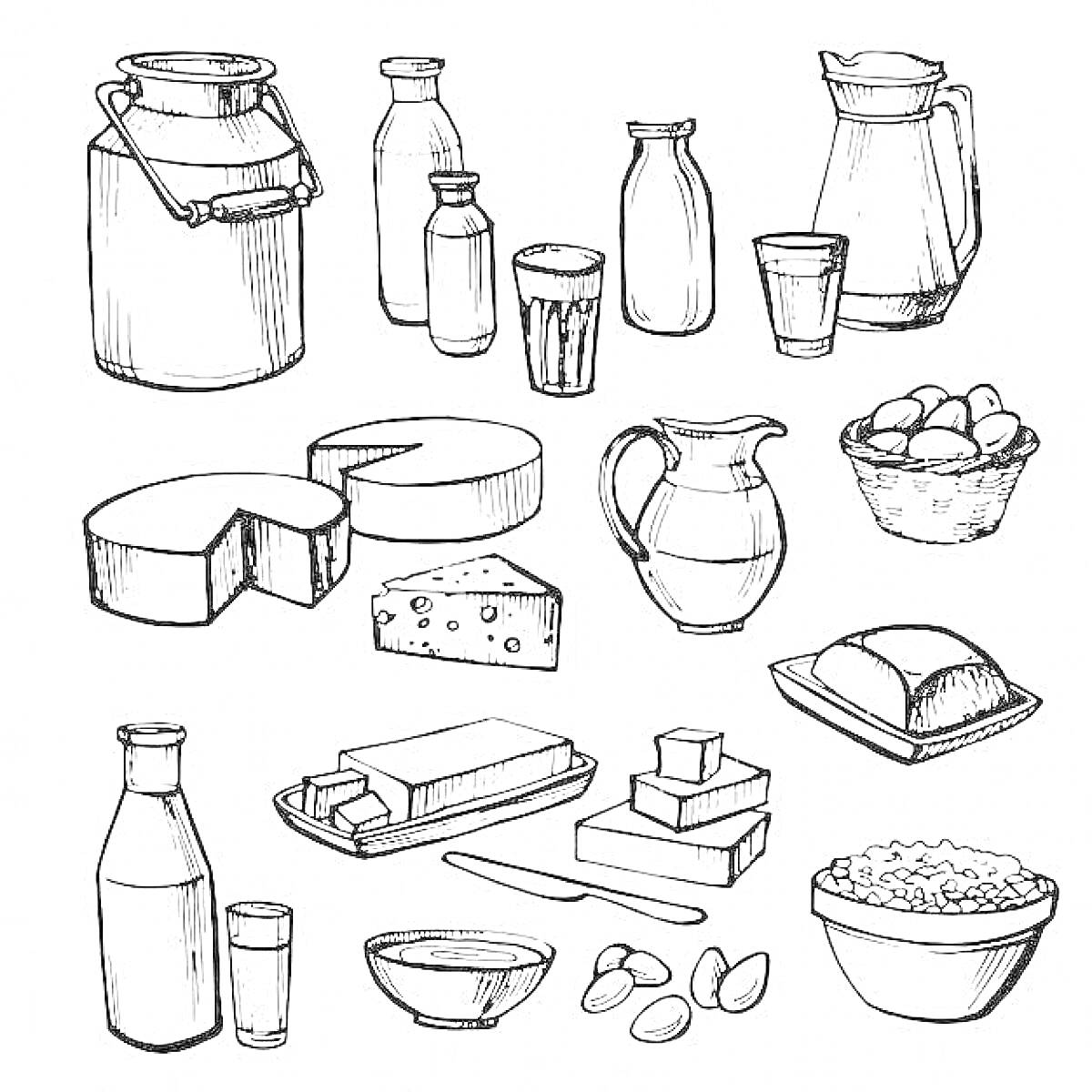 Раскраска Молочные продукты: бидон, бутылки молока, стаканы с молоком, кувшин, сыр, голландский сыр, яичница (яйца), батон хлеба, масло, йогурт, молоко, сметана, сливки, творог