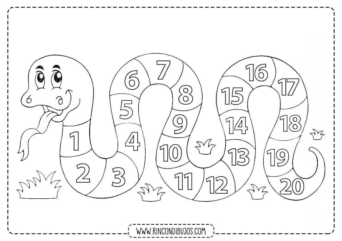 Раскраска Змея с цифрами от 1 до 20, трава, дождевые черви, расчерченная рамка
