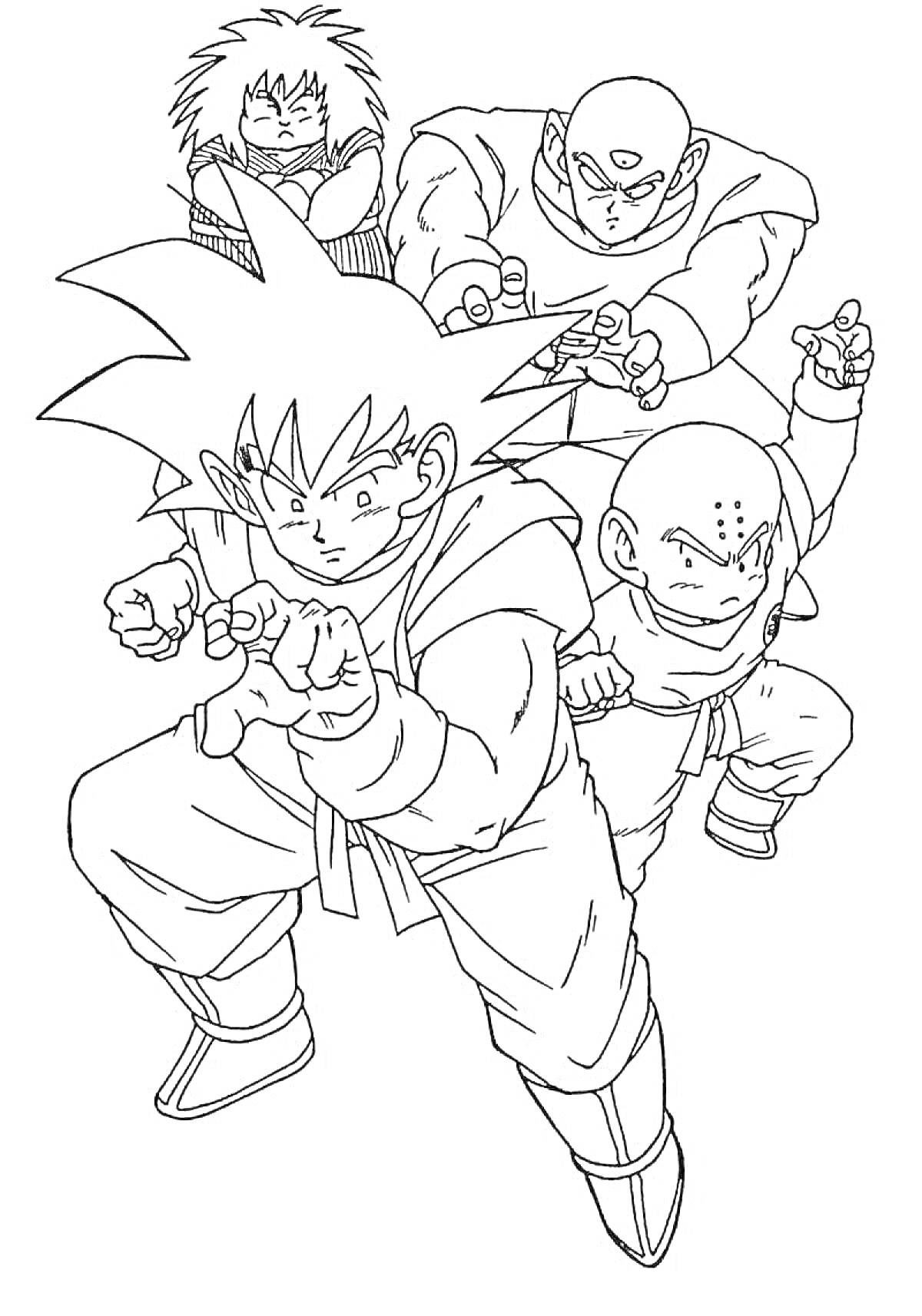 Раскраска Четыре персонажа из Dragon Ball в боевых позах