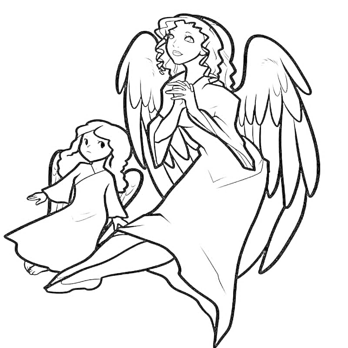 Раскраска Два ангела - взрослый ангел, сложивший руки в молитве, и маленький ангел, стоящий рядом с протянутой рукой