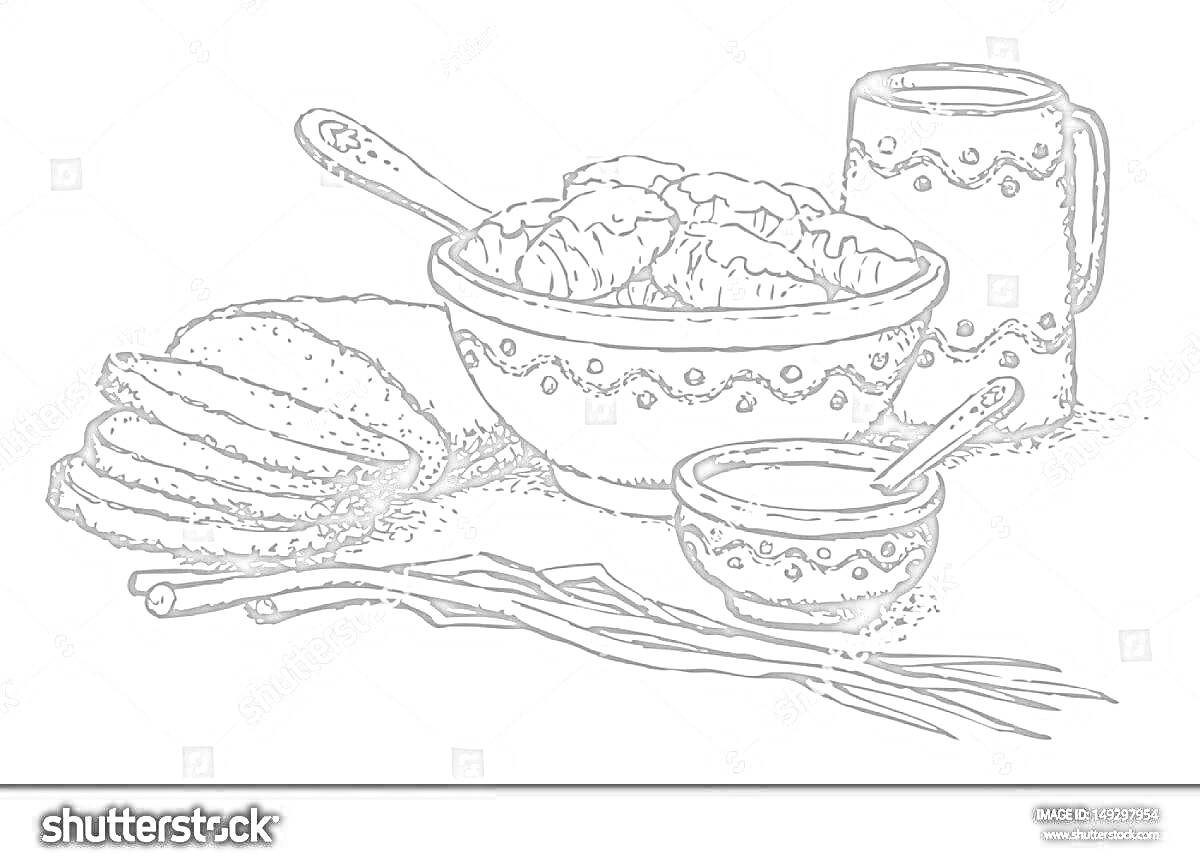 Раскраска хлеб, корчица с ложкой, основное блюдо в миске с ложкой, напиток в кружке