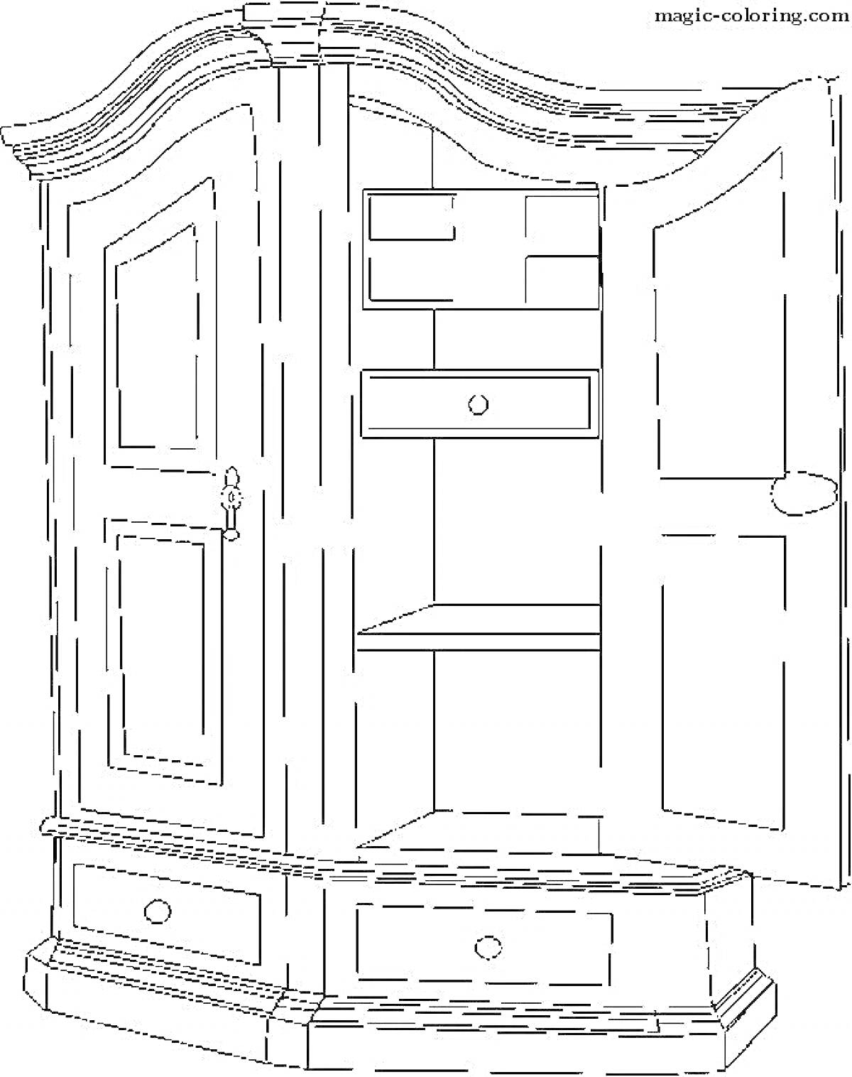 На раскраске изображено: Шкаф, Полки, Ящики, Дверь