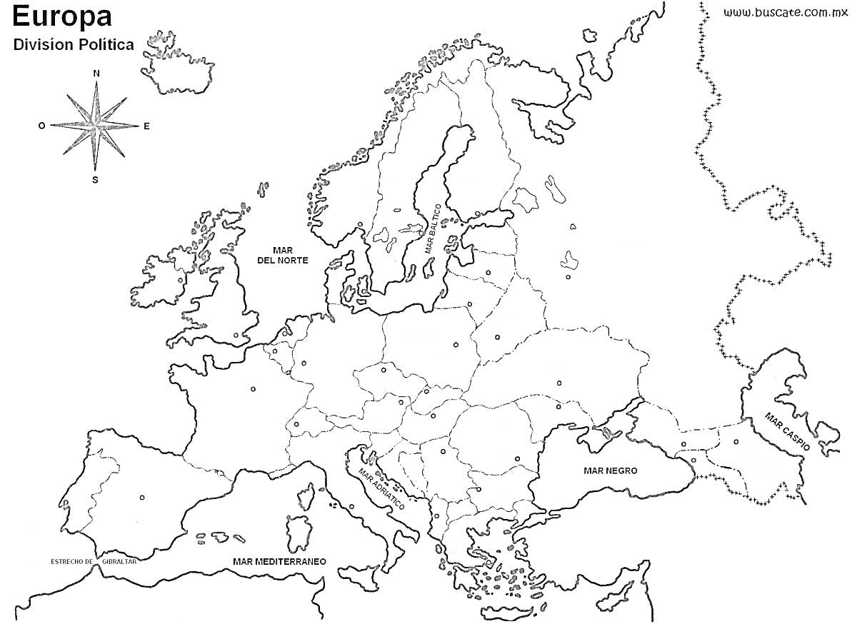 Раскраска Политическая карта Европы с компасом и названиями стран и океанов