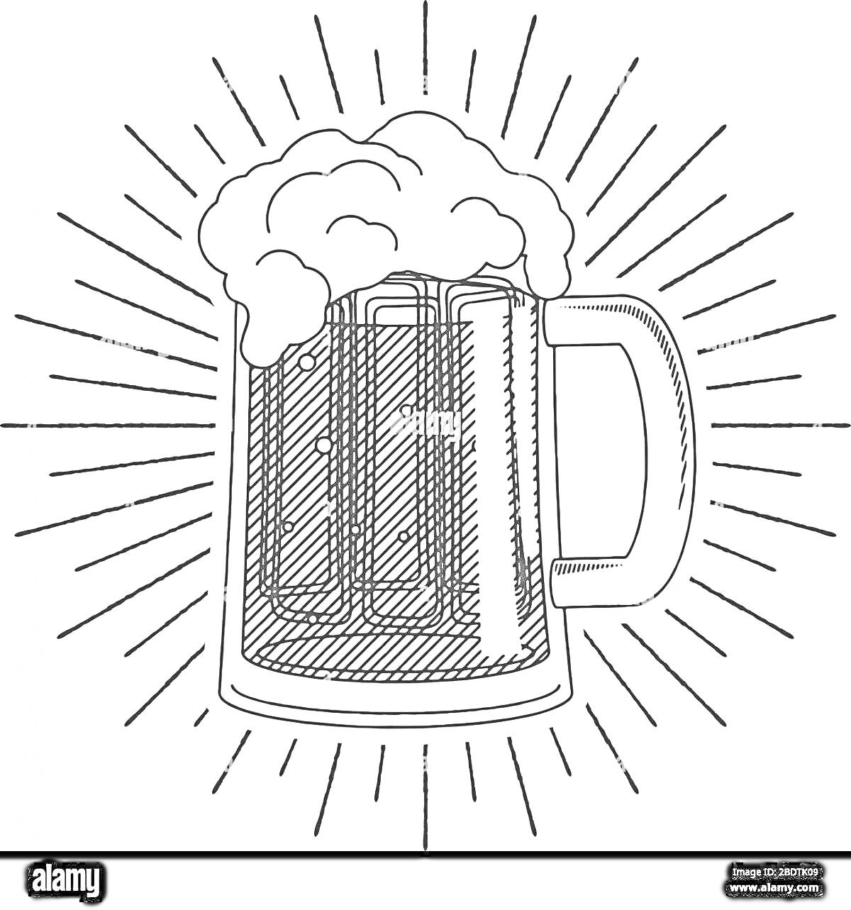 Раскраска Кружка пива с пеной в центре со светящимися линиями
