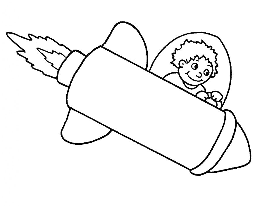 Раскраска Ракета с горящим двигателем и космонавтом внутри иллюминатора