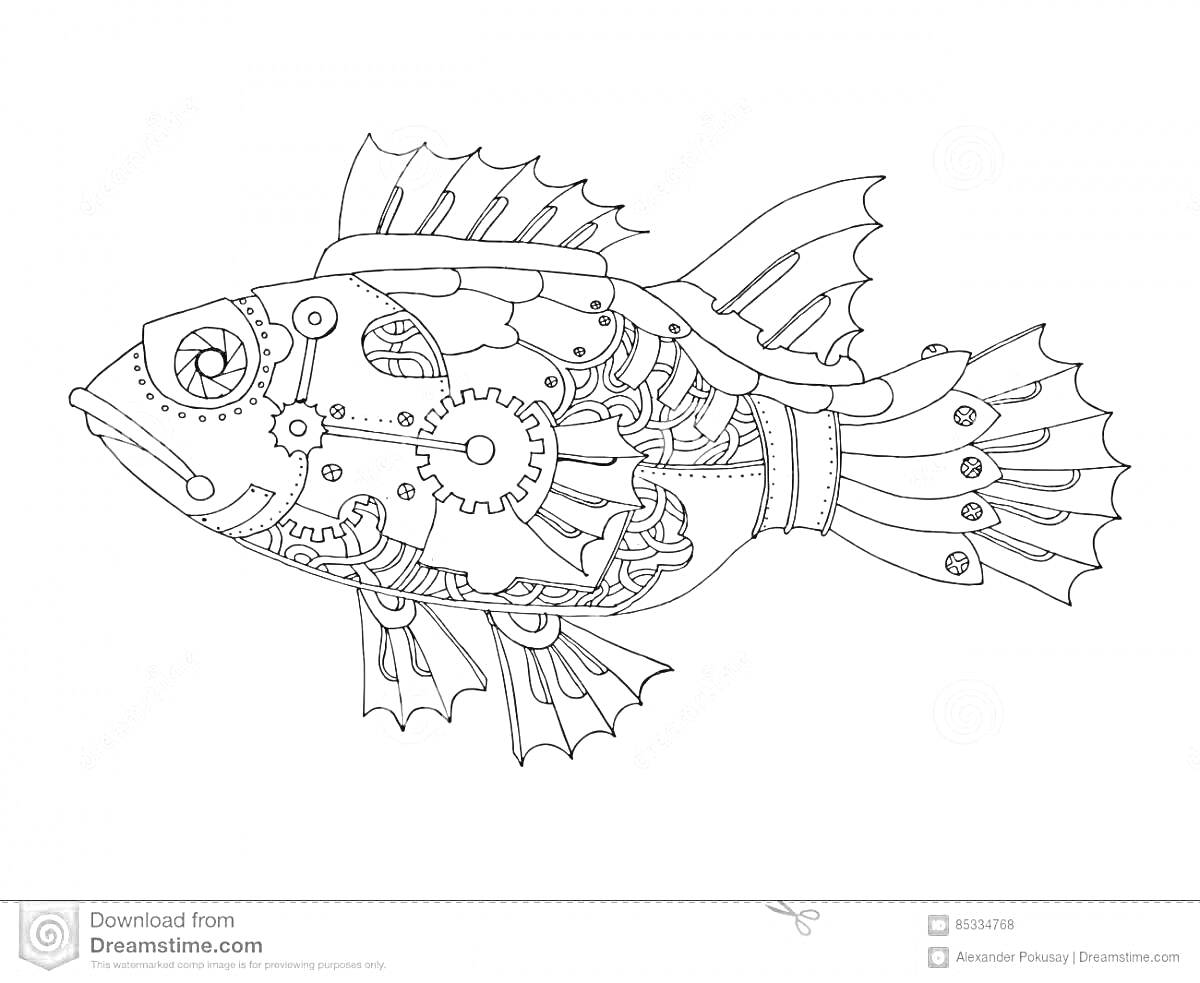 На раскраске изображено: Рыба, Механизмы, Шестеренки, Провода, Строение, Подводный мир, Техника, Стимпанк