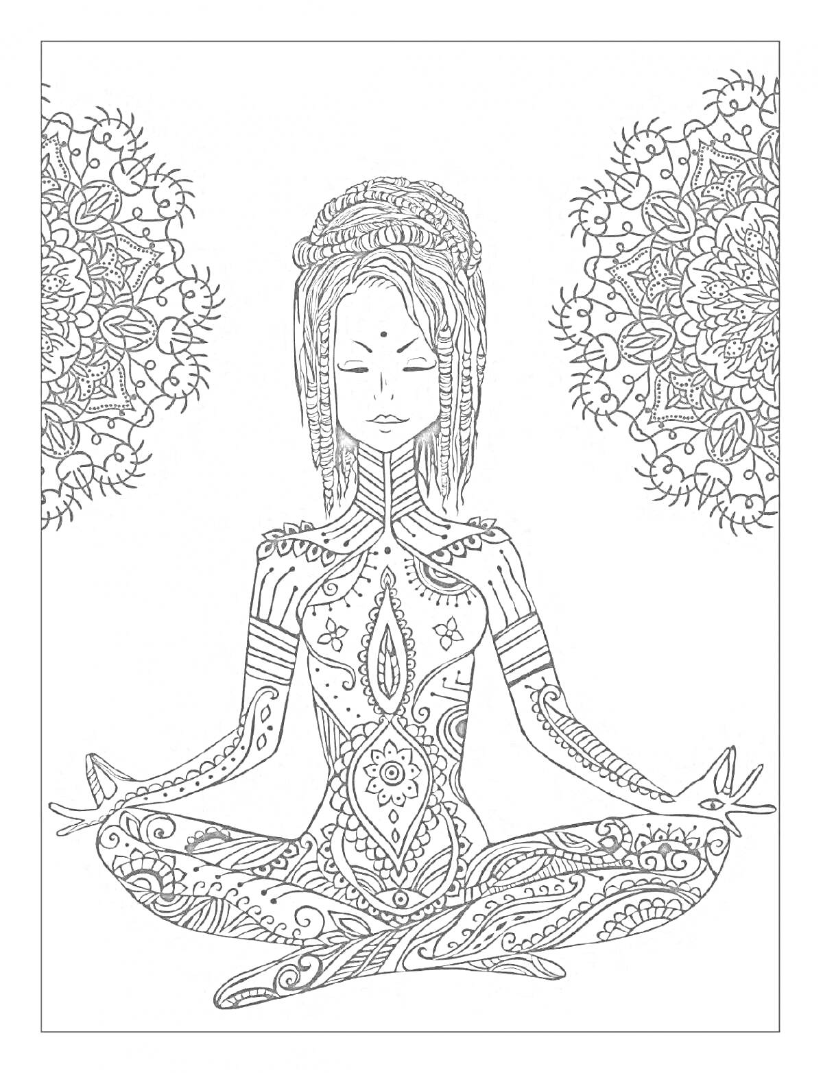Раскраска Медитирующая женщина с мандалами и орнаментами