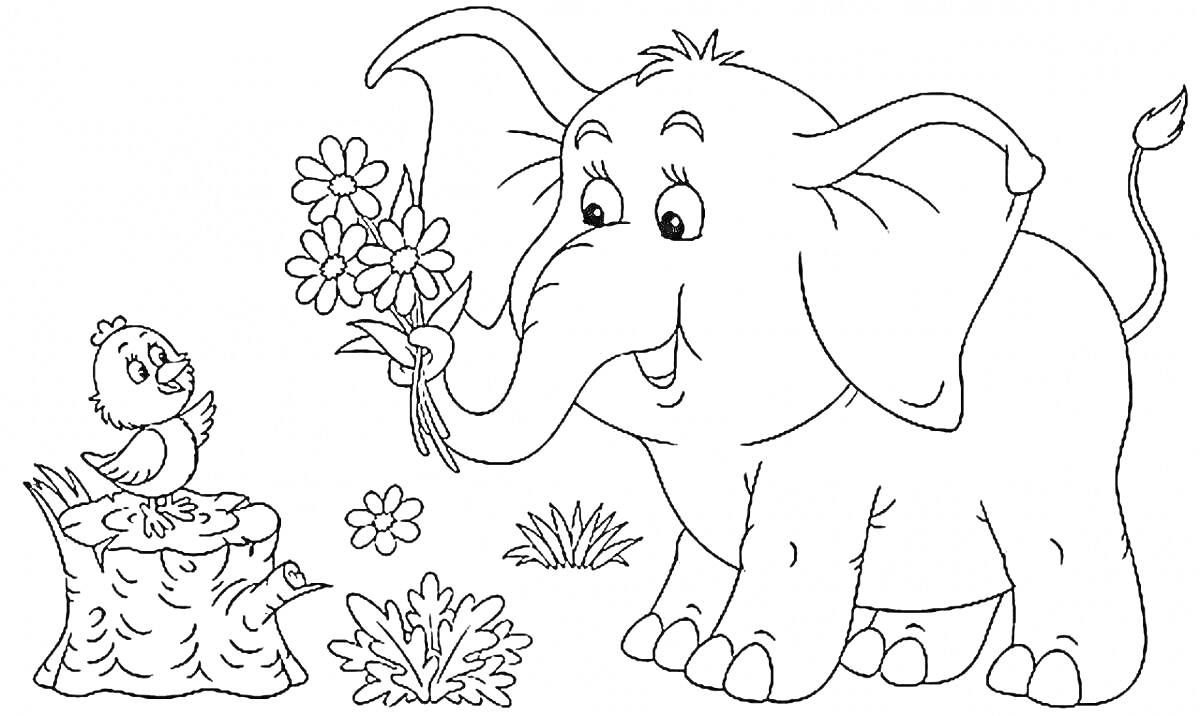 Раскраска Слон с букетом цветов, птенец на пеньке, растения