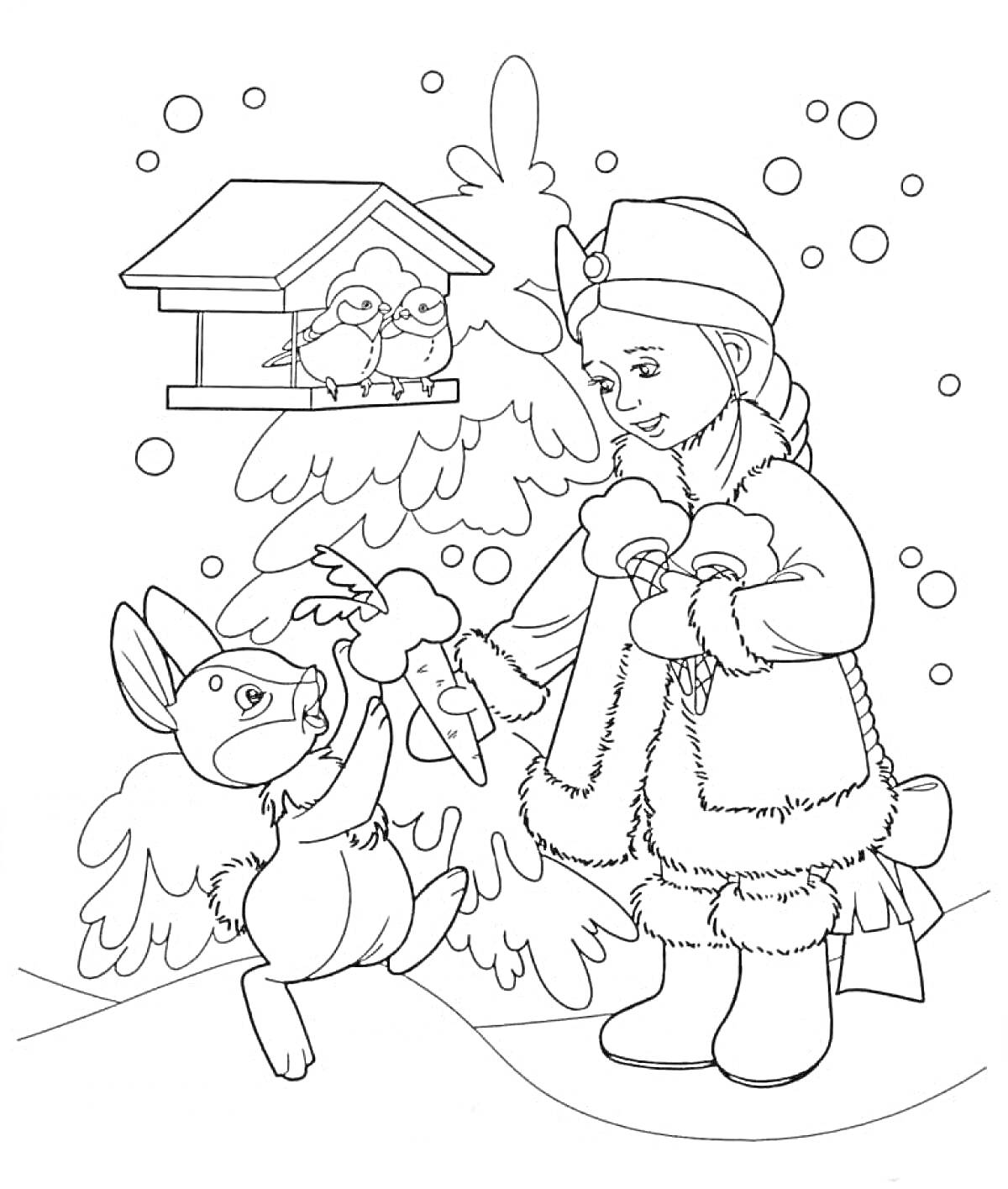 Раскраска Снегурочка с зайцем и скворечником на ели